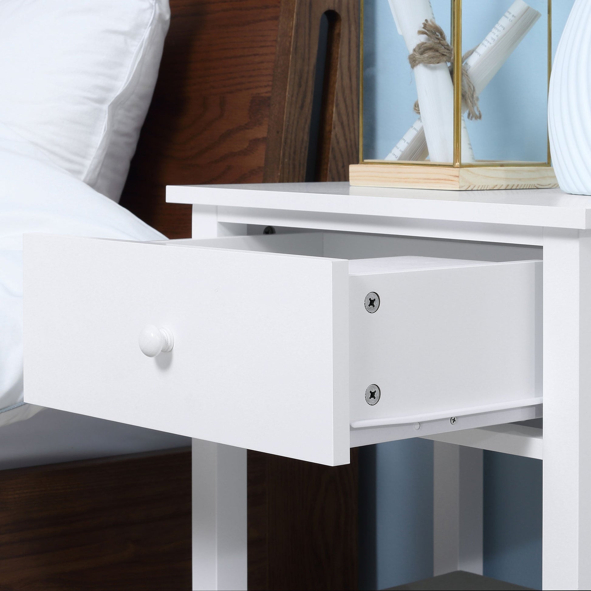 Modern Style Nightstand, Small End Table with Drawer and Storage Shelf for Bedroom, Living Room, White Side Tables   at Gallery Canada