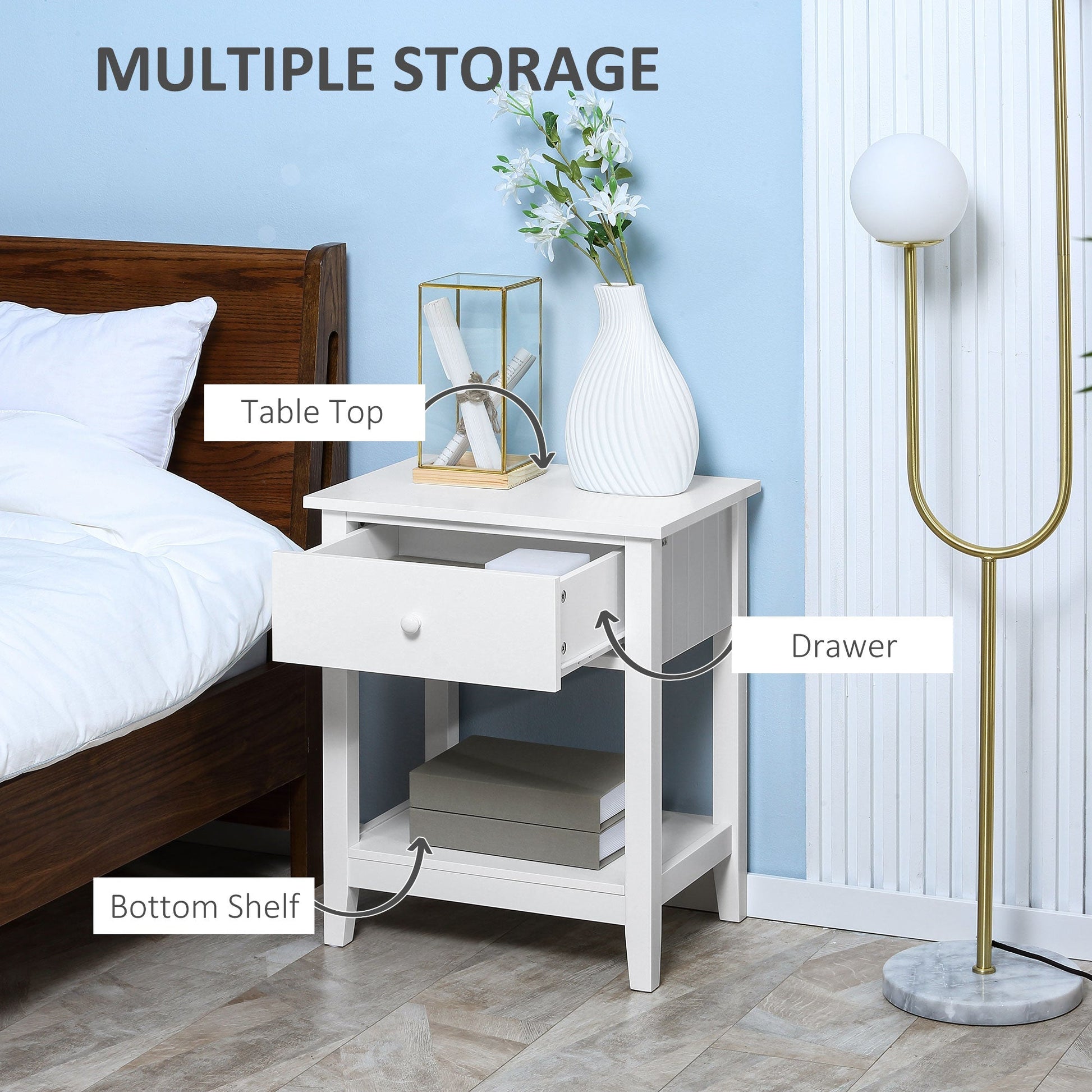 Modern Style Nightstand, Small End Table with Drawer and Storage Shelf for Bedroom, Living Room, White Side Tables   at Gallery Canada