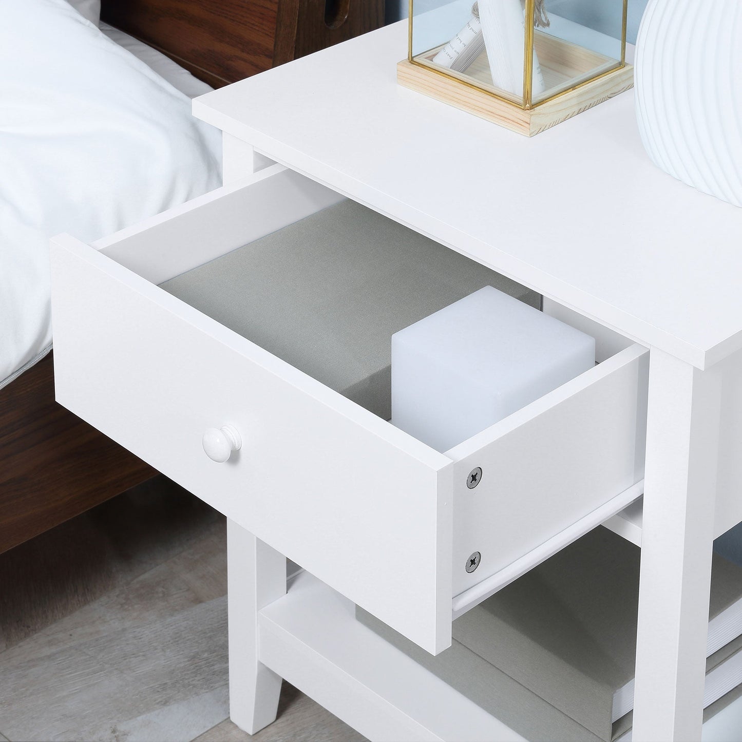 Modern Style Nightstand, Small End Table with Drawer and Storage Shelf for Bedroom, Living Room, White Side Tables   at Gallery Canada