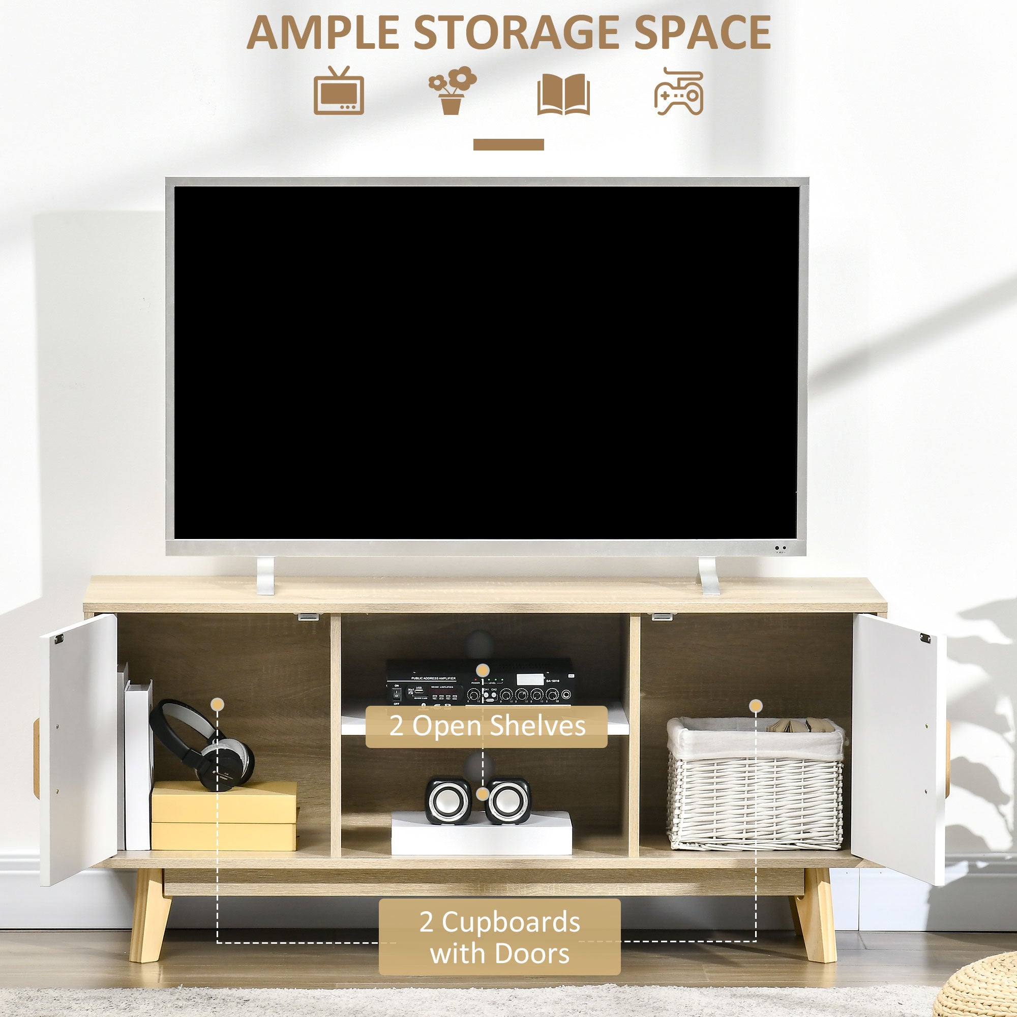 Modern TV Cabinet, TV Stand with Storage Shelves and Doors for 55