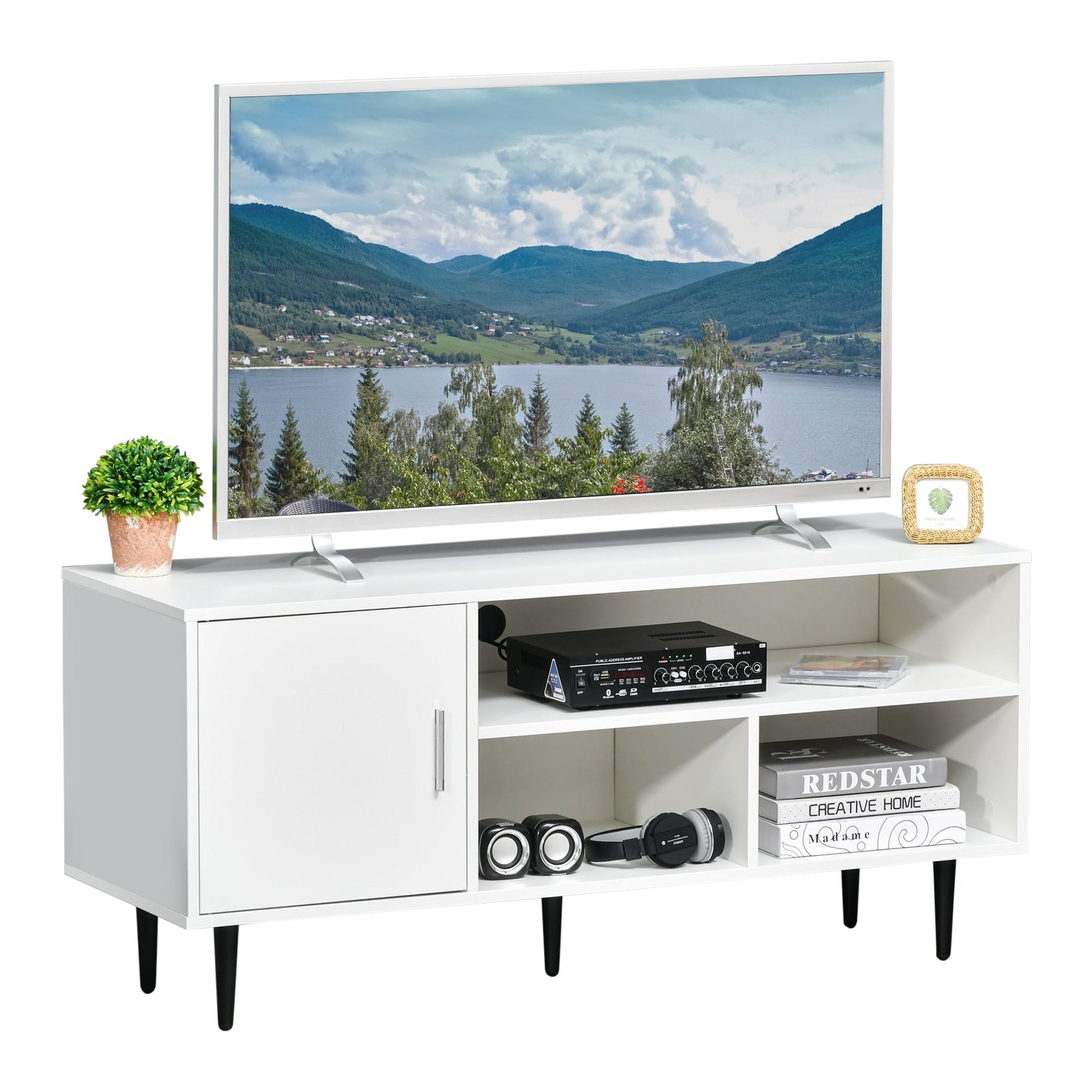 Modern TV Stand Cabinet for TVs up to 60 Inches with Storage Shelf, Cable Hole, Home Entertainment Unit Center, for Living Room Bedroom, White TV Stands   at Gallery Canada