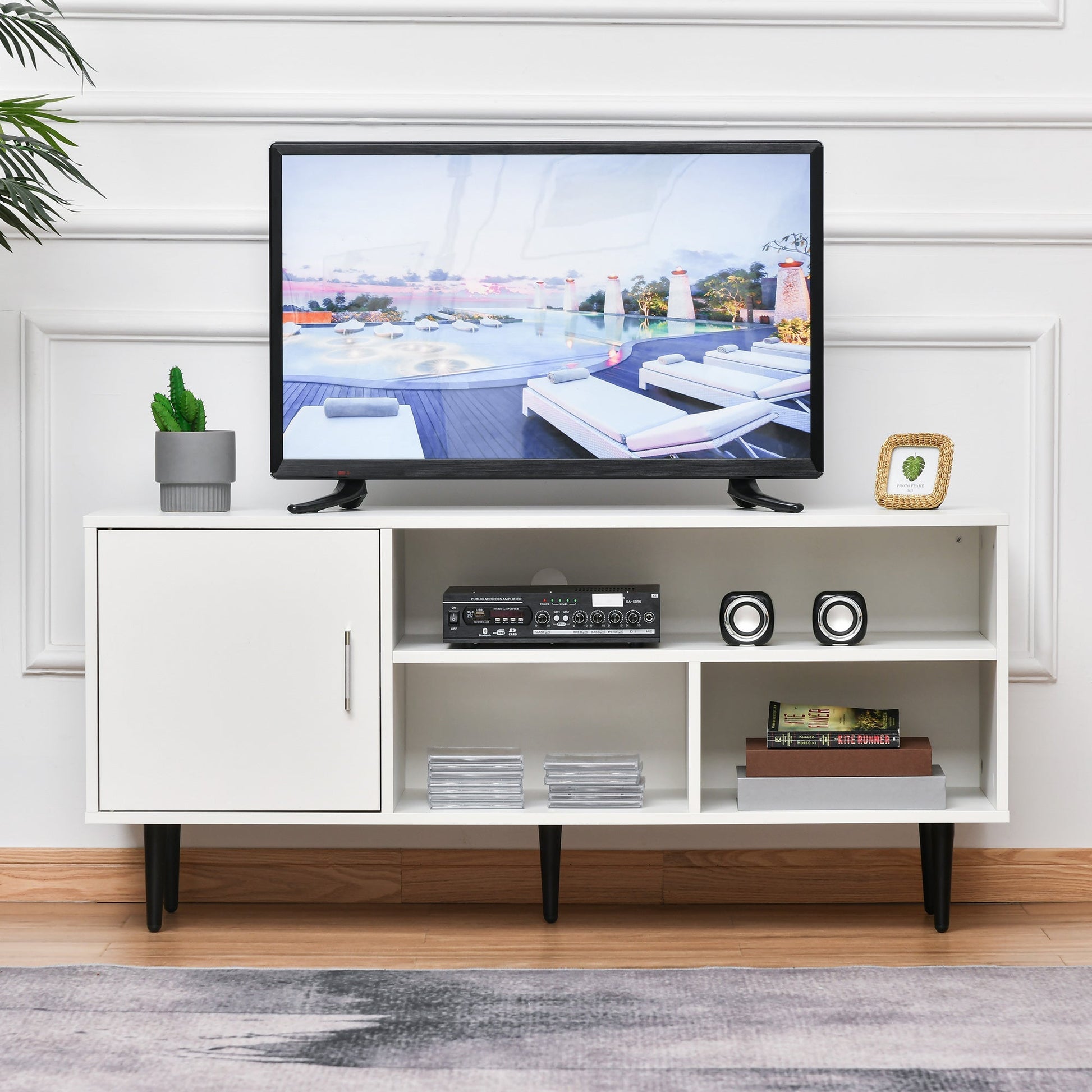 Modern TV Stand Cabinet for TVs up to 60 Inches with Storage Shelf, Cable Hole, Home Entertainment Unit Center, for Living Room Bedroom, White TV Stands   at Gallery Canada