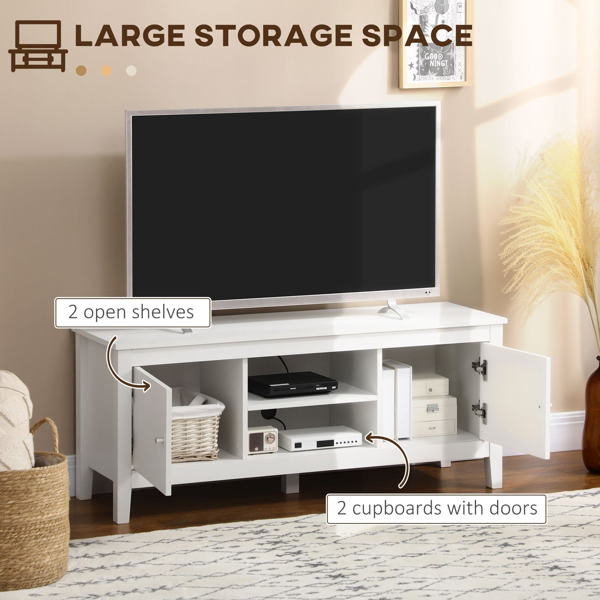 Modern TV Stand for TVs up to 55", TV Bench with Storage Cupboards and Shelves, 47.2" x 16.7" x 19.7", White TV Stands   at Gallery Canada