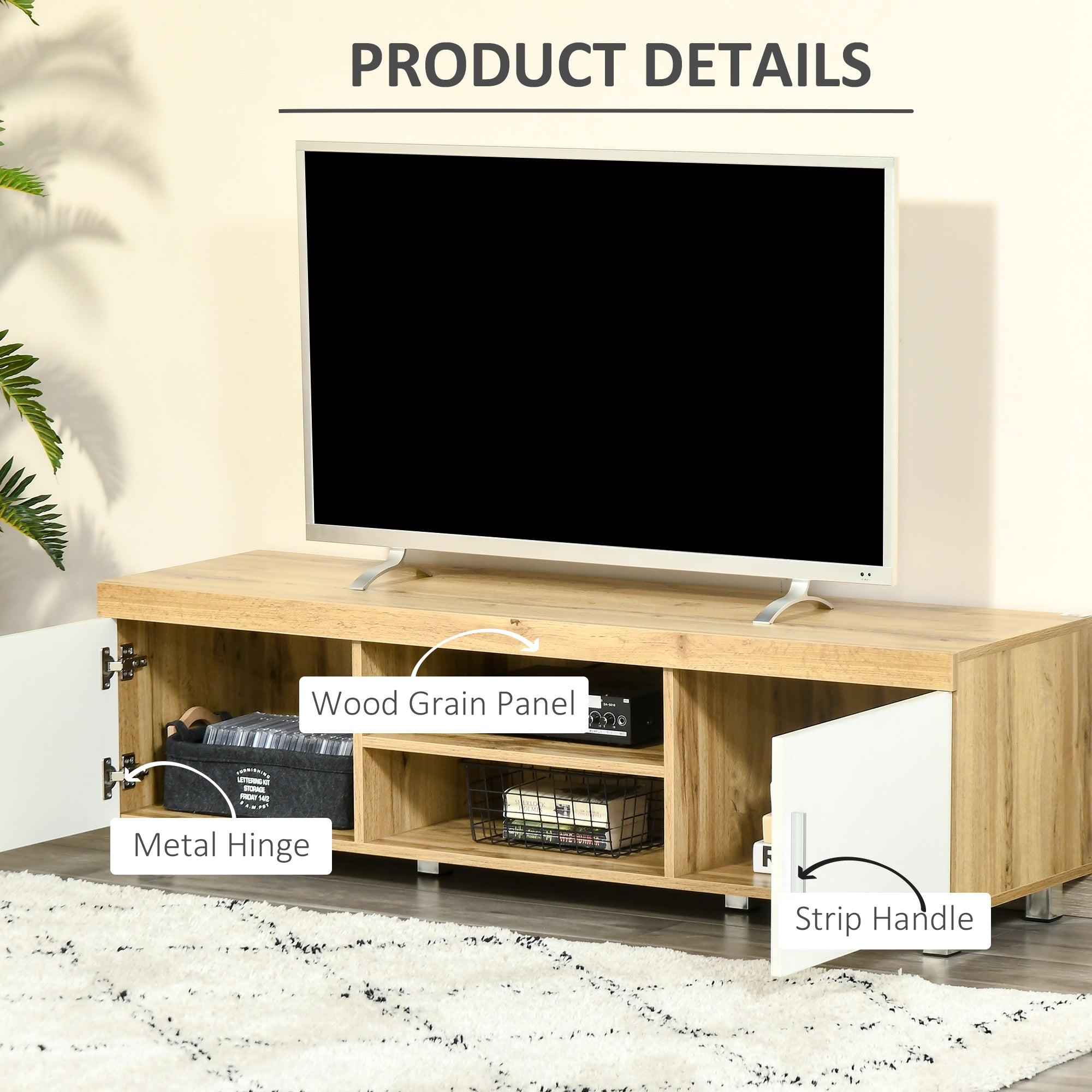 Modern TV Stand for TVs Up to 63 Inches, TV Cabinet with Storage Shelves and Cable Holes for Living Room Bedroom, Oak and White TV Stands   at Gallery Canada