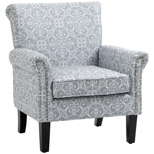 Grey Modern Upholstered Accent Chair, Soft Linen, Nailhead Trim, Wood Legs