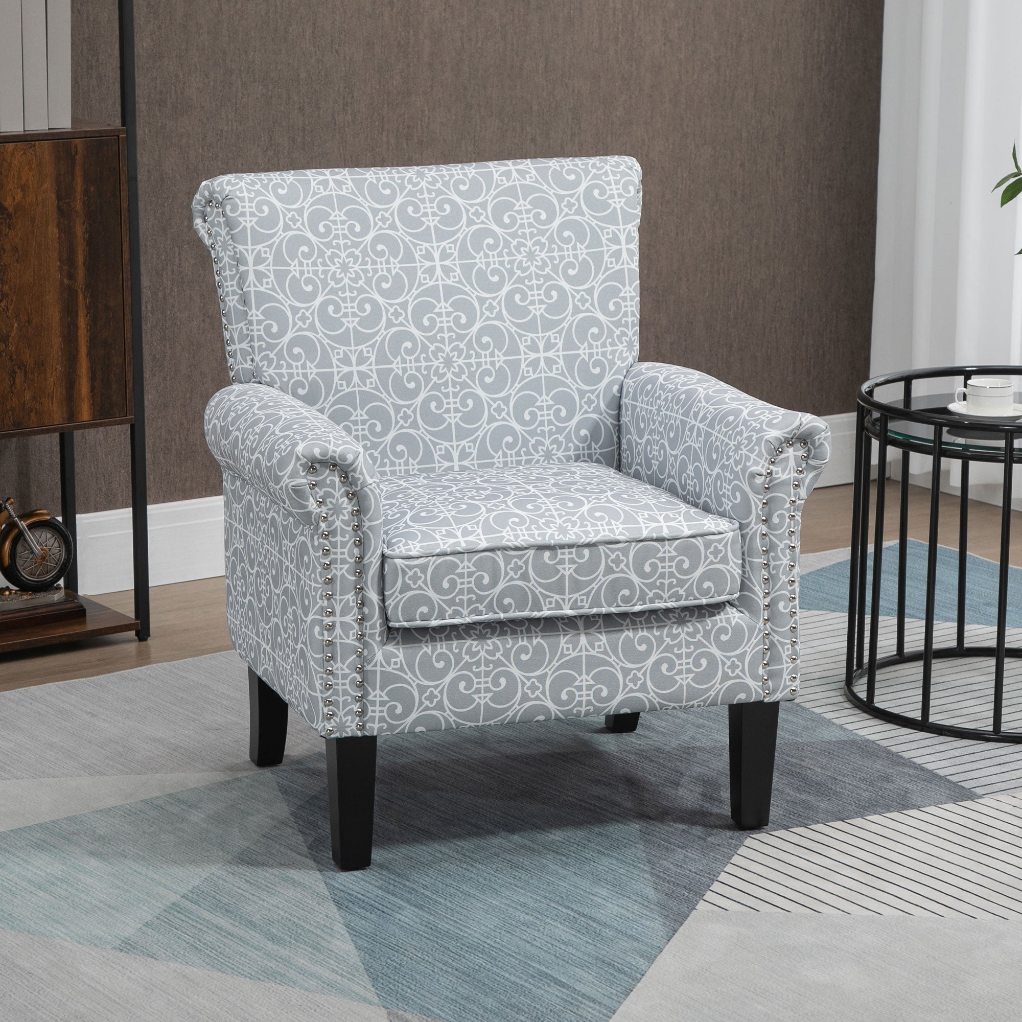 Grey Modern Upholstered Accent Chair, Soft Linen, Nailhead Trim, Wood Legs Single Sofas   at Gallery Canada