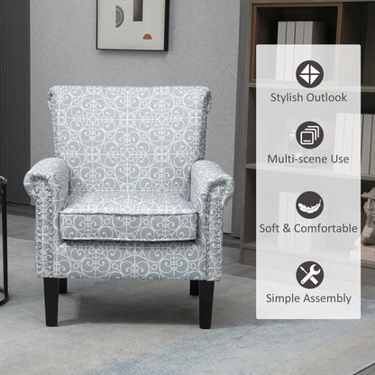 Grey Modern Upholstered Accent Chair, Soft Linen, Nailhead Trim, Wood Legs Single Sofas   at Gallery Canada