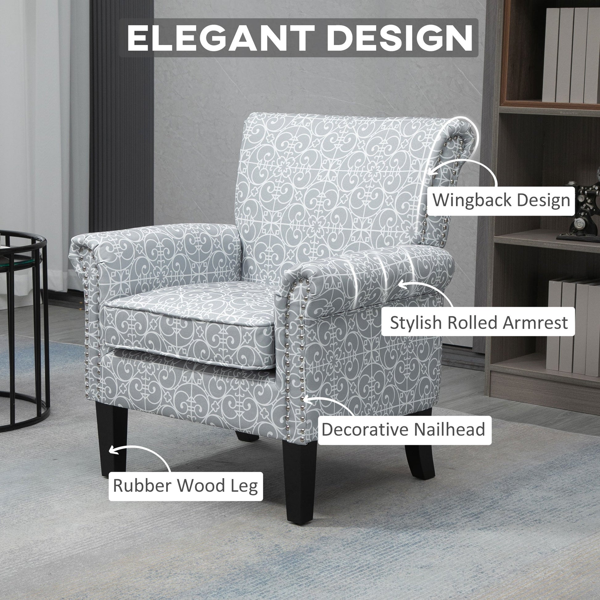 Grey Modern Upholstered Accent Chair, Soft Linen, Nailhead Trim, Wood Legs Single Sofas   at Gallery Canada