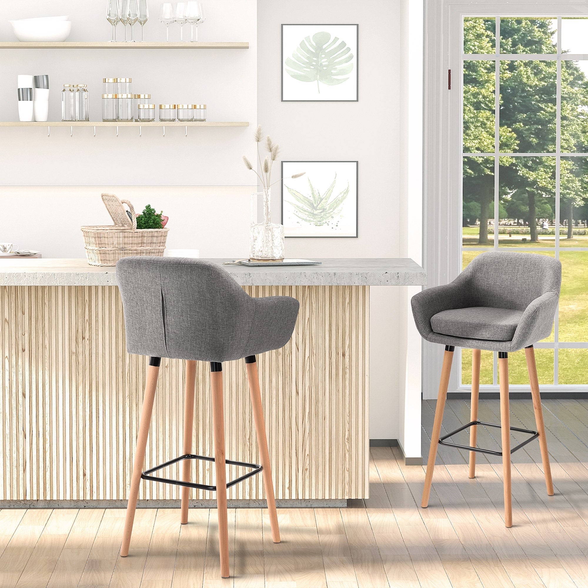 Modern Upholstered Fabric Seat Bar Stools Chairs Set of 2 with Metal Frame, Solid Wood Legs Living Room Dining Room Furniture Grey Bar Stools   at Gallery Canada