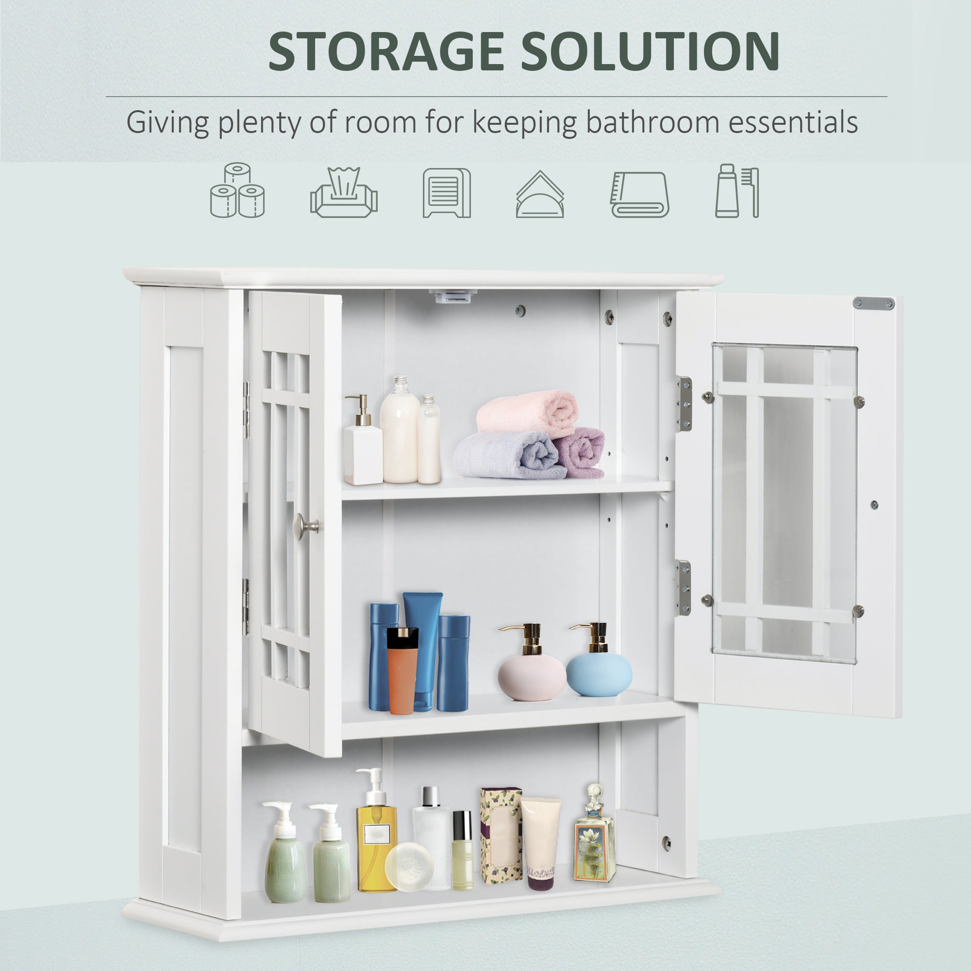 Modern Wall Mount Bathroom Cabinet, Storage Organizer with 2 Door Cabinet and Open Shelf, White Wall Mounted Cabinets   at Gallery Canada