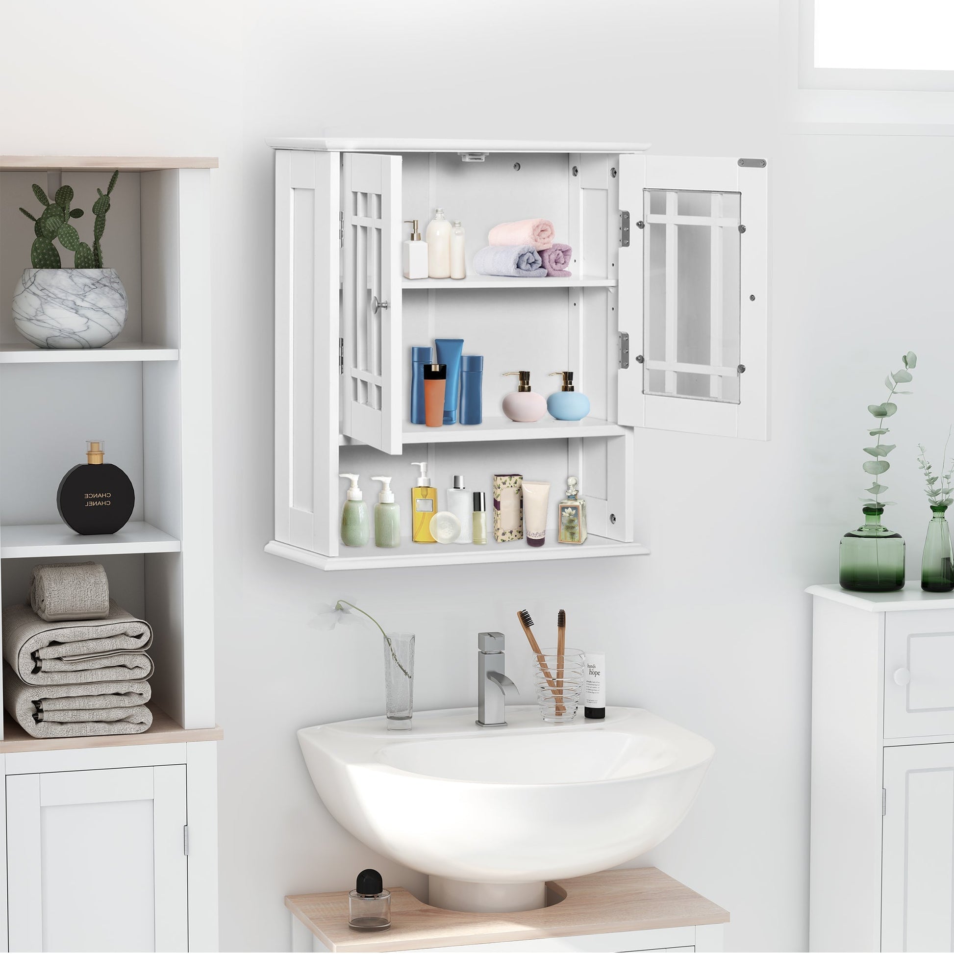 Modern Wall Mount Bathroom Cabinet, Storage Organizer with 2 Door Cabinet and Open Shelf, White - Gallery Canada