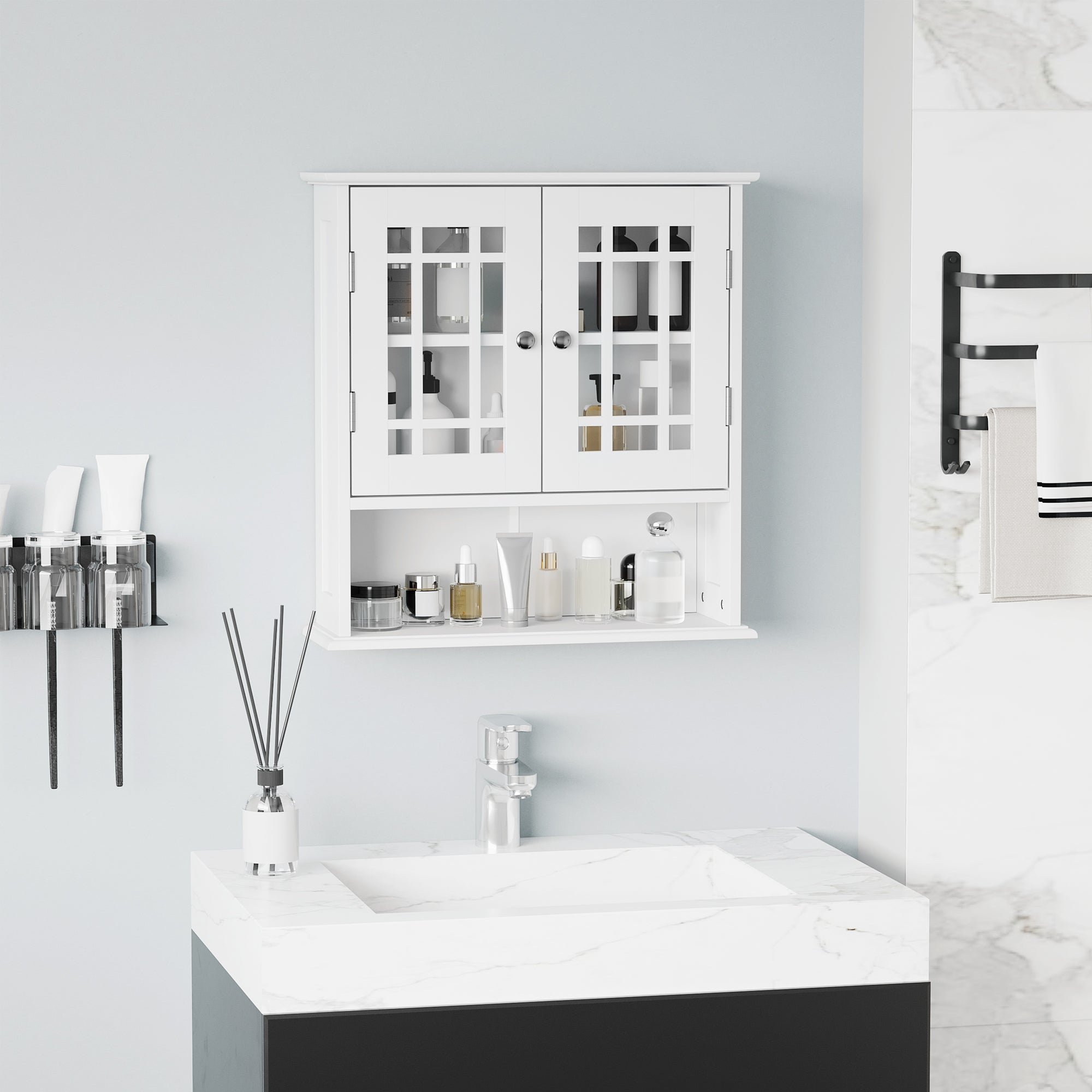 Modern Wall Mount Bathroom Cabinet, Storage Organizer with 2 Door Cabinet and Open Shelf, White Wall Mounted Cabinets   at Gallery Canada