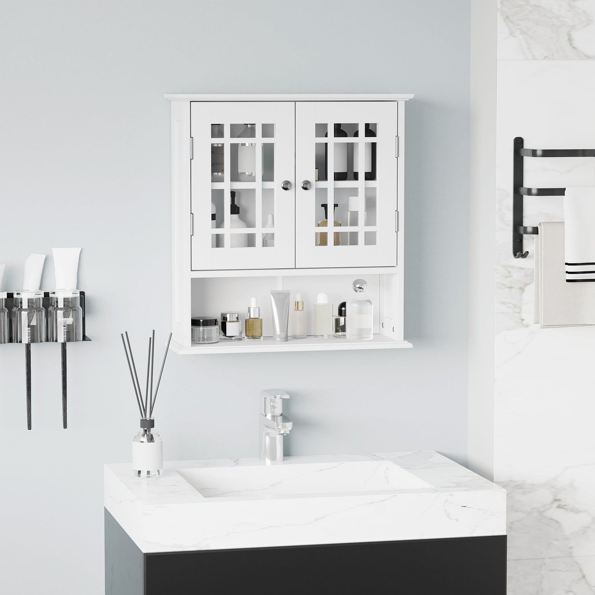 Modern Wall Mount Bathroom Cabinet, Storage Organizer with 2 Door Cabinet and Open Shelf, White Wall Mounted Cabinets   at Gallery Canada