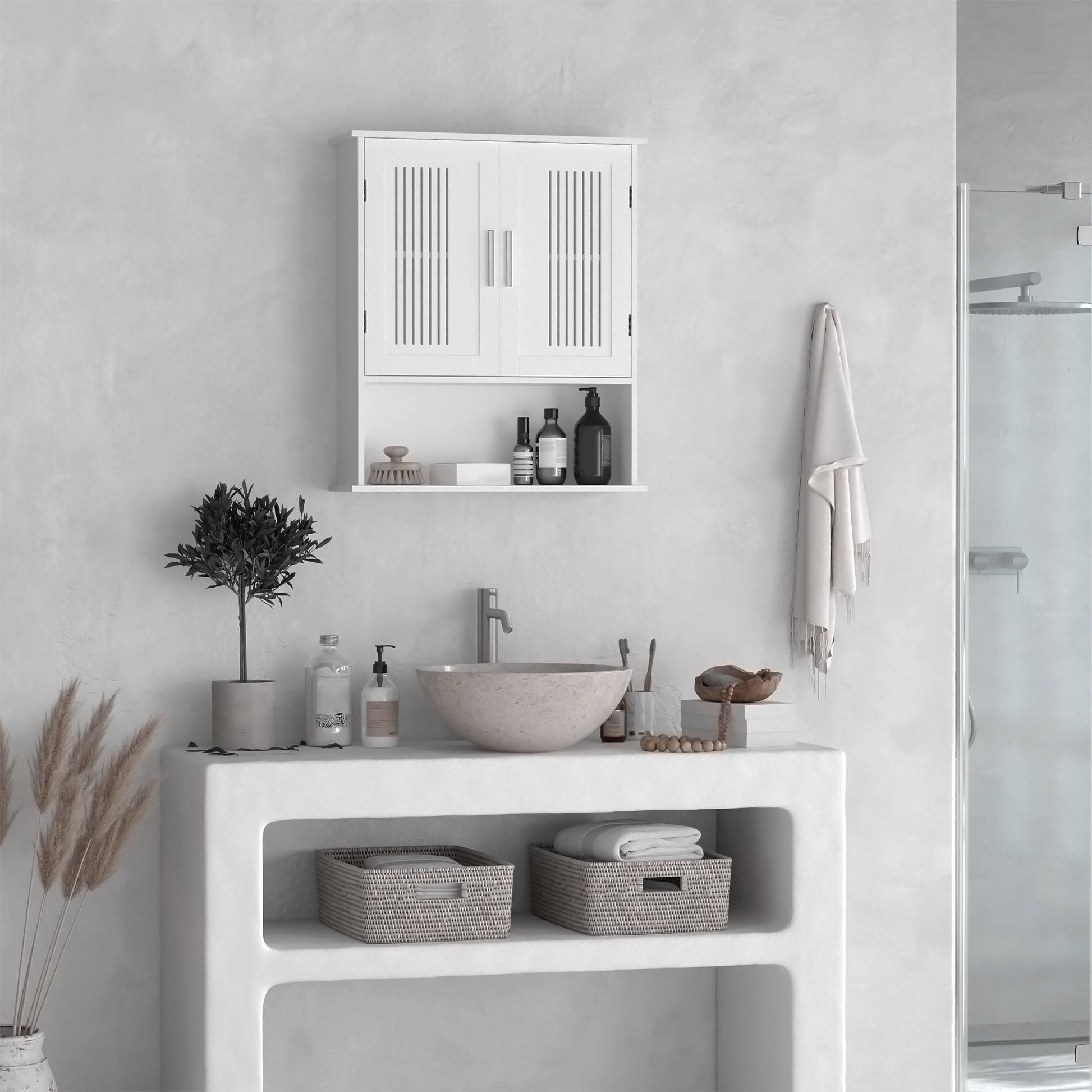 Modern Wall Mount Bathroom Cabinet, Storage Organizer with 2 Door Cabinet and Shelf, White Wall Mounted Cabinets   at Gallery Canada