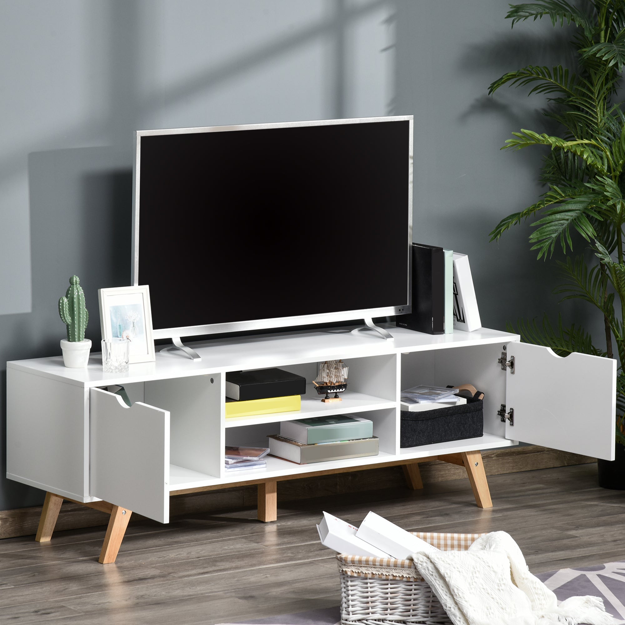 Modern Wooden TV Stand with 2 Storage Cabinet Stand for TV's up to 65