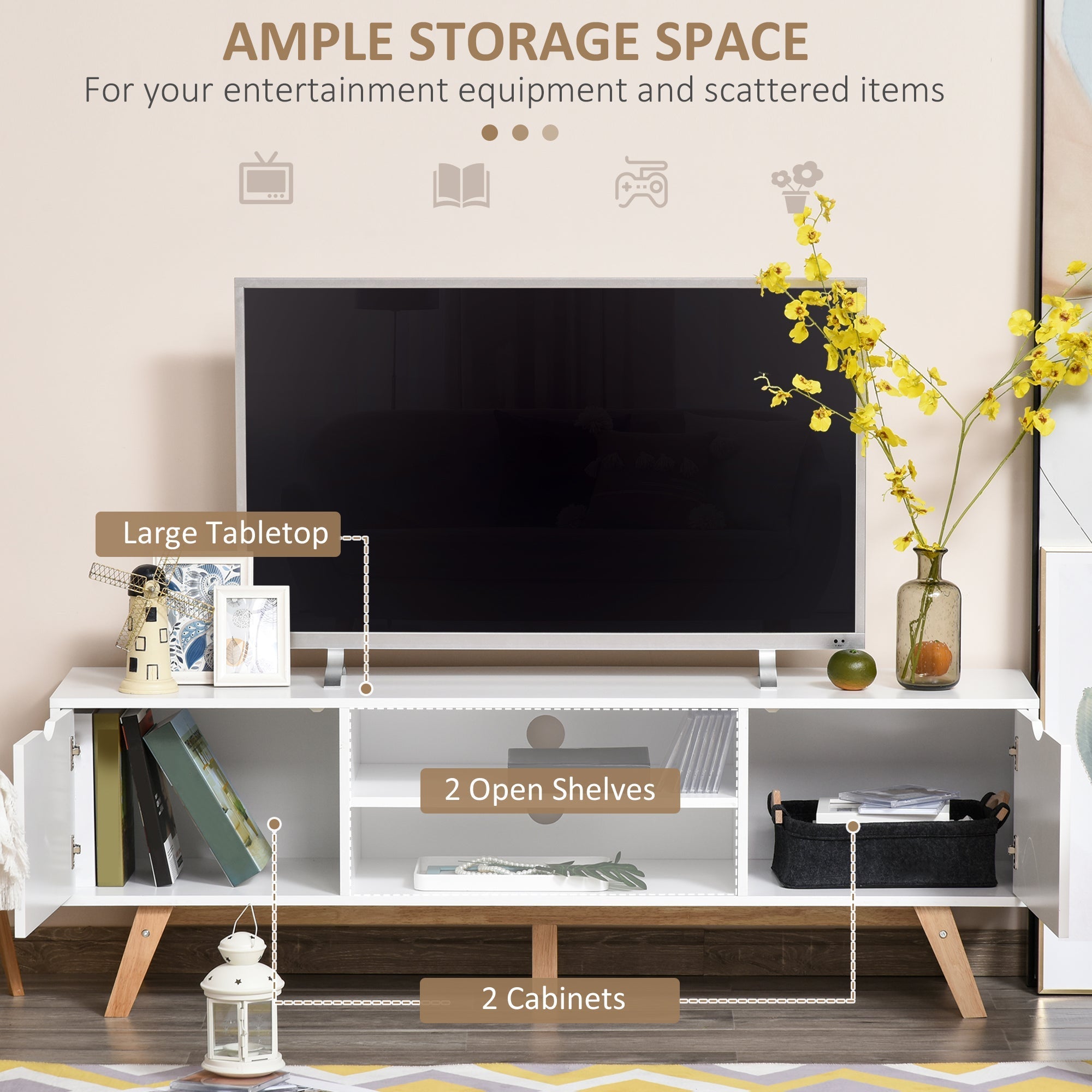 Modern Wooden TV Stand with 2 Storage Cabinet Stand for TV's up to 65