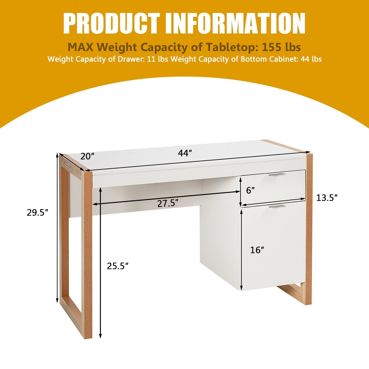 Modern Computer Desk Study Table Writing Workstation with Cabinet and Drawer, White Writing Desks   at Gallery Canada