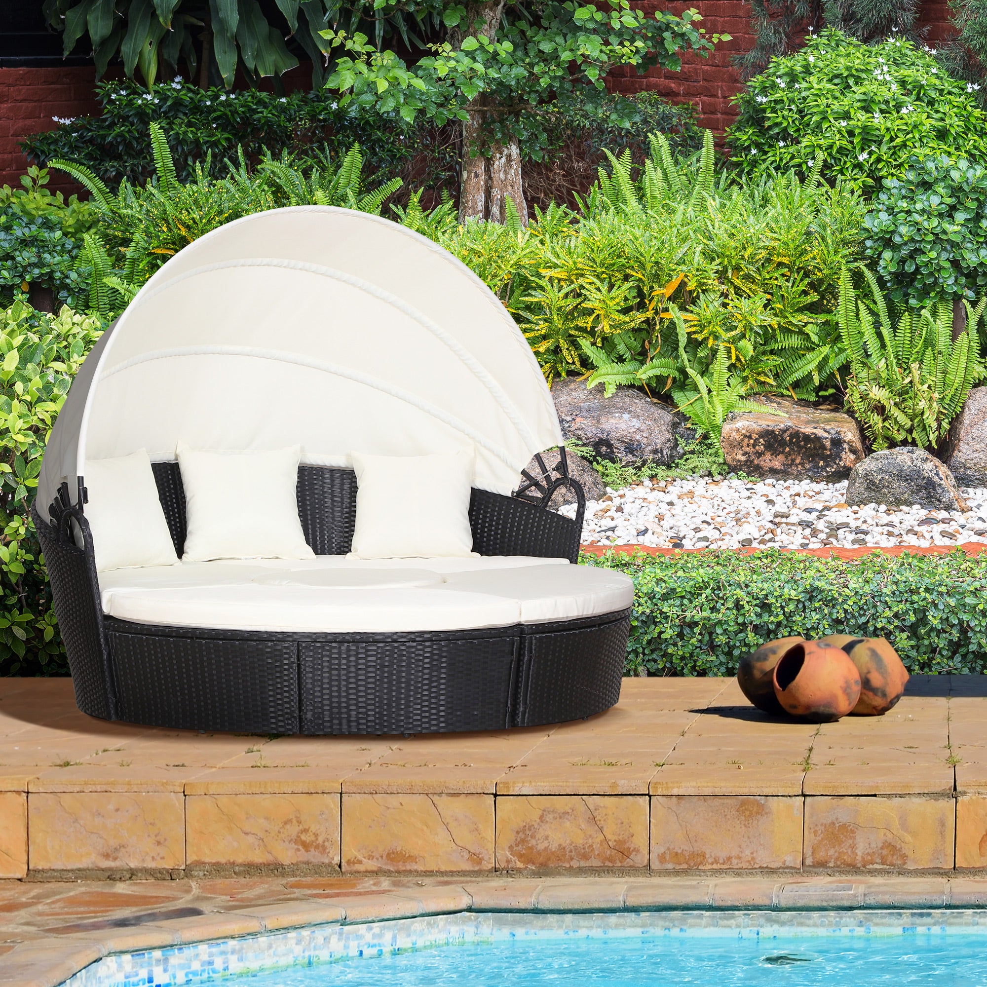 4 Pieces Outdoor Daybed, Patio Lounge Chair with Cushioned Round Sofa Bed, Sectional Patio Conversation Furniture Set with Canopy &; Coffee Table, Black Daybeds at Gallery Canada