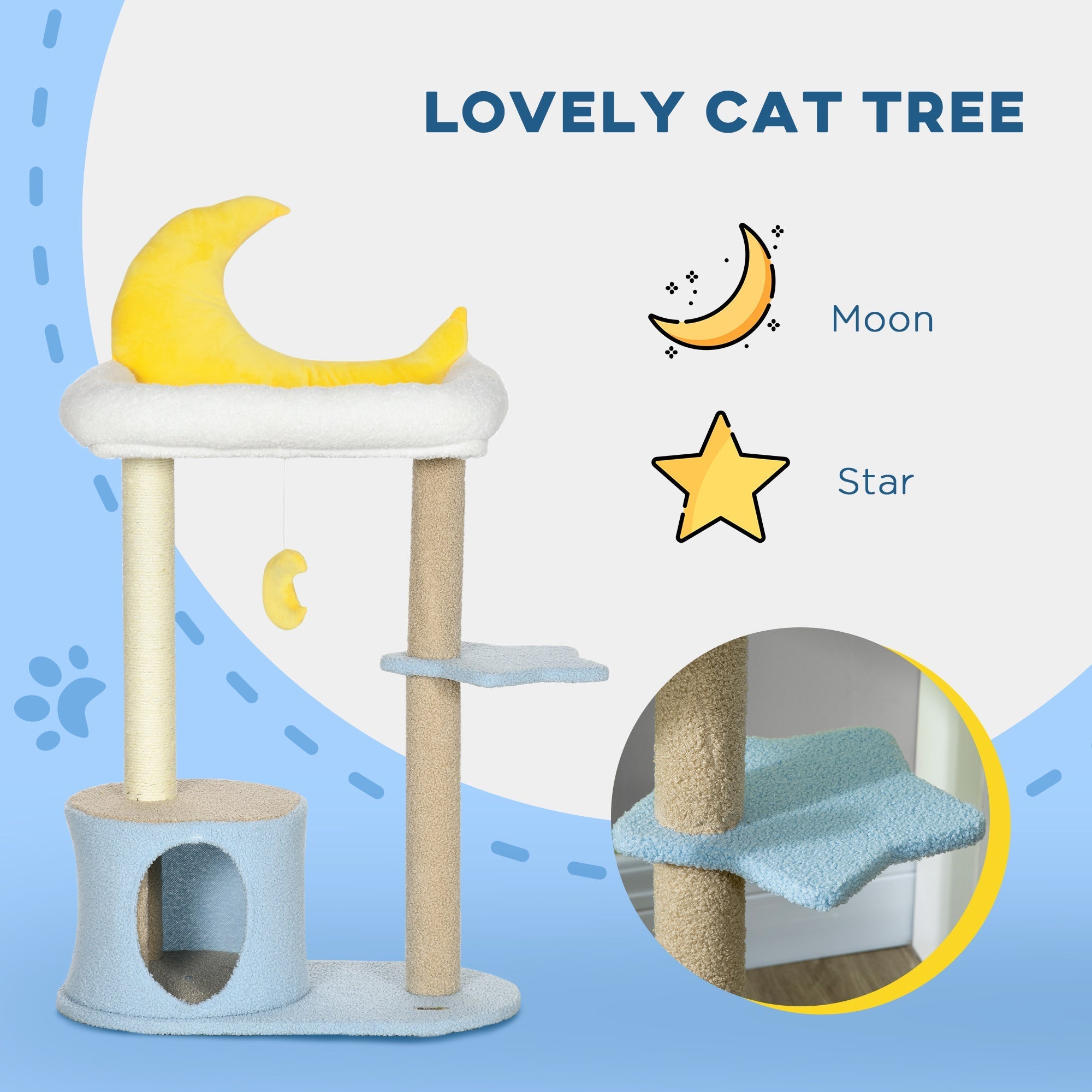 Moon Cat Tower for Indoor Cats with Teddy Fleece House Bed Scratching Post Hanging Toy Star Platform 41