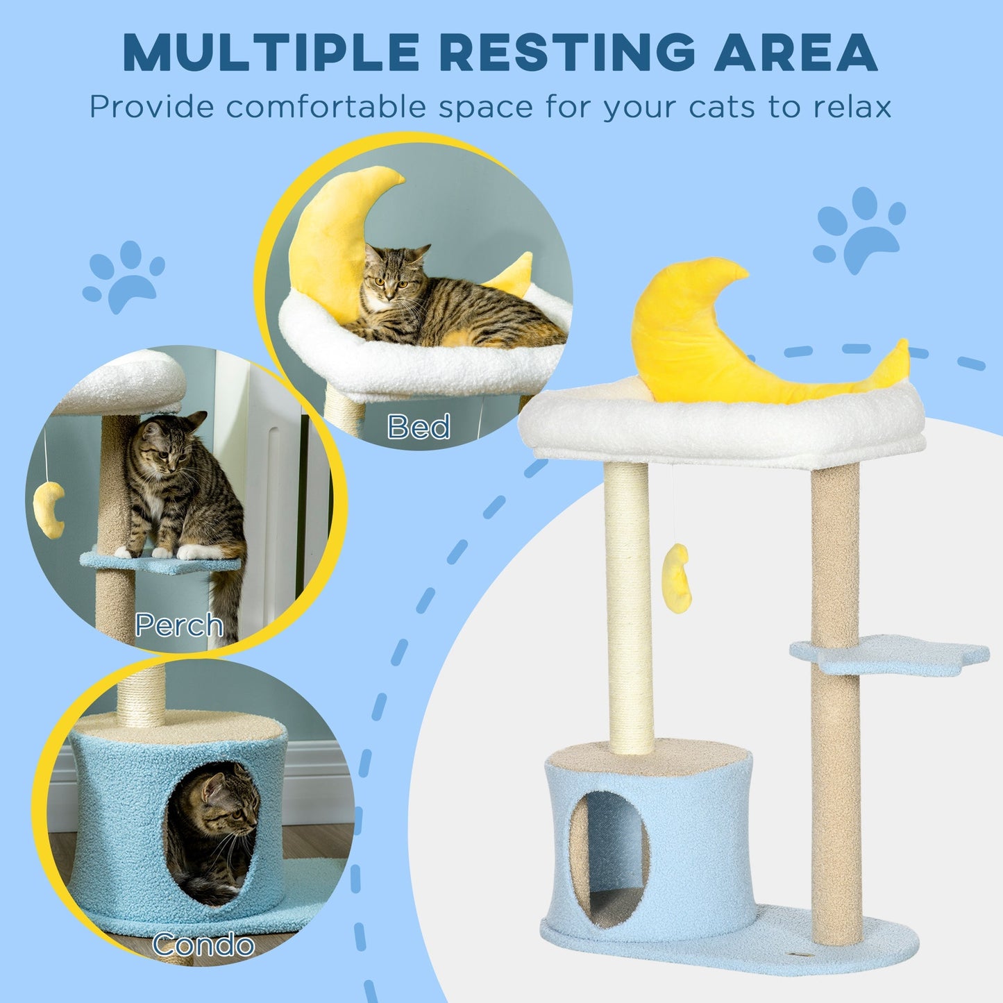 Moon Cat Tower for Indoor Cats with Teddy Fleece House Bed Scratching Post Hanging Toy Star Platform 41" Blue Cat Towers   at Gallery Canada