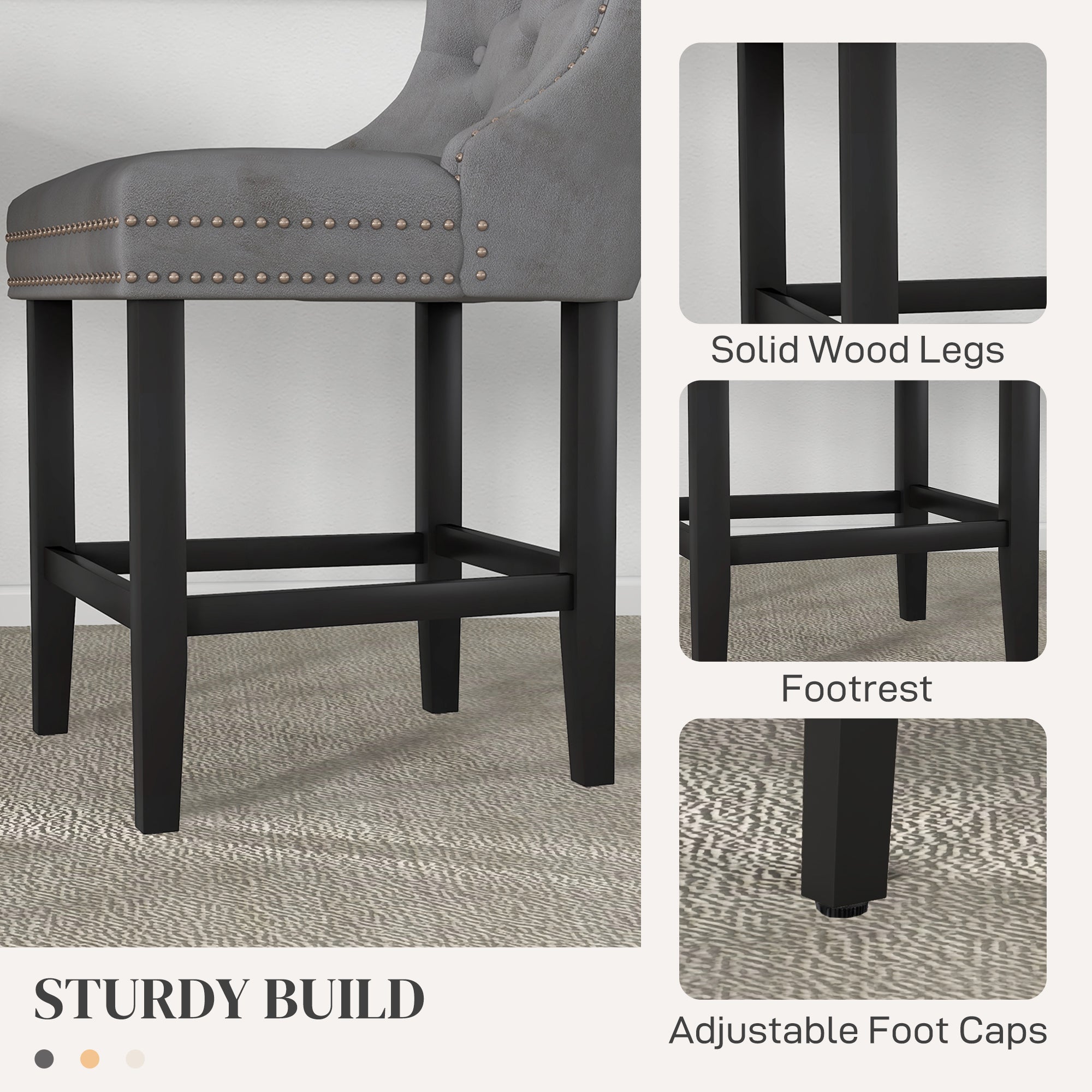 Upholstered Fabric Bar Stool Set of 2, Button Tufted 25.6