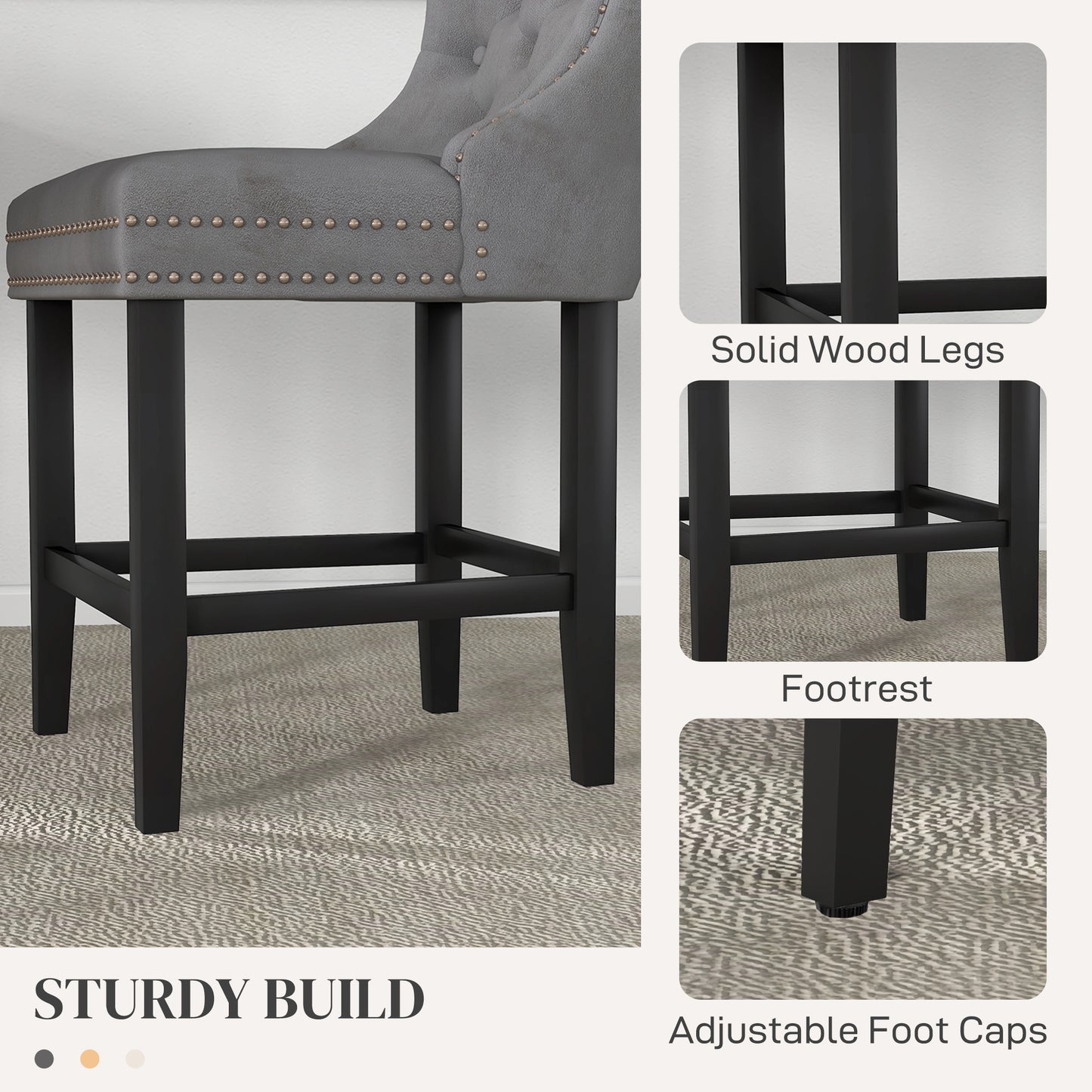 Upholstered Fabric Bar Stool Set of 2, Button Tufted 25.6" Seat Height Counter Chairs with Back &; Wood Legs, Grey Bar Stools   at Gallery Canada