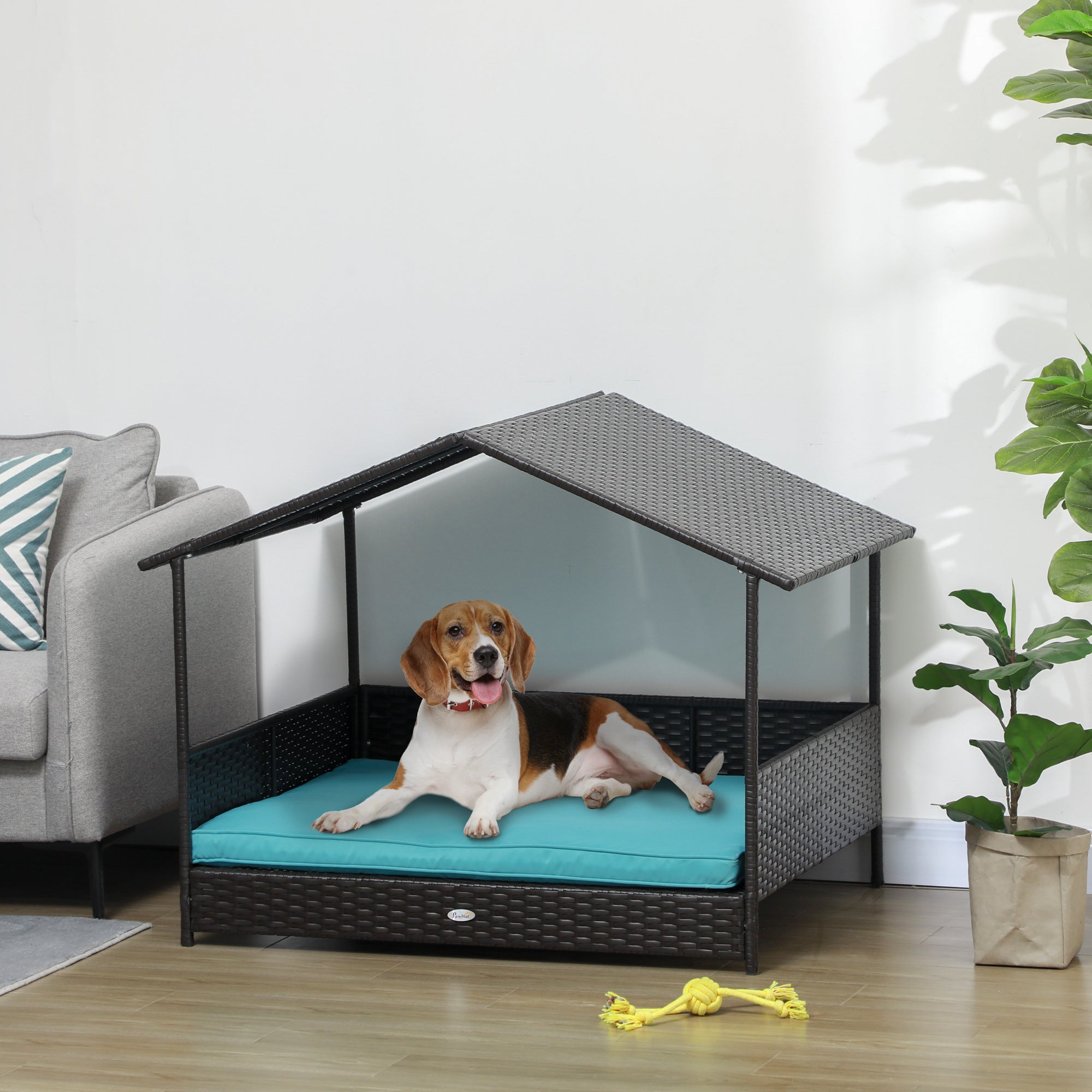 Outdoor Dog House Wicker Dog Bed with Soft Cushion Washable Cover, for Medium Large Dogs Indoor Outdoor, Blue Houses, Kennels & Pens at Gallery Canada