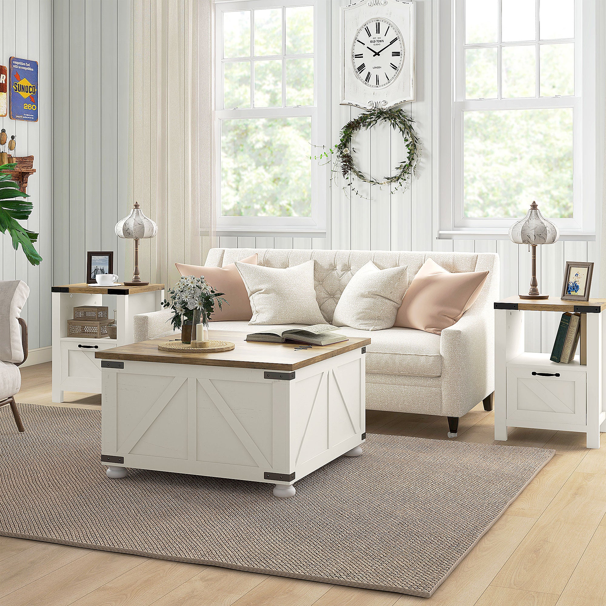 Farmhouse Coffee Table, Square Center Table with Flip-top Lids, Hidden Storage Compartment and Wooden Legs, Antique White Coffee Tables at Gallery Canada
