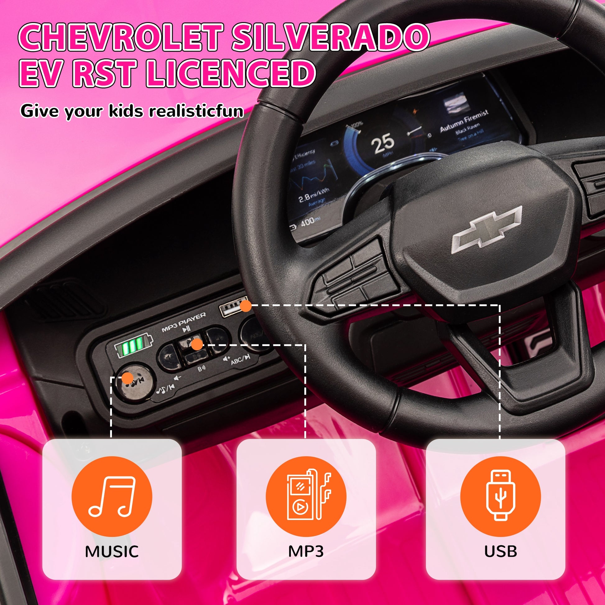 12V CHEVROLET SILVERADO EV RST Licensed Kids Car w/ Remote, Spring Suspension, Soft Start, Training Wheels, Pink Electric Toy Cars   at Gallery Canada