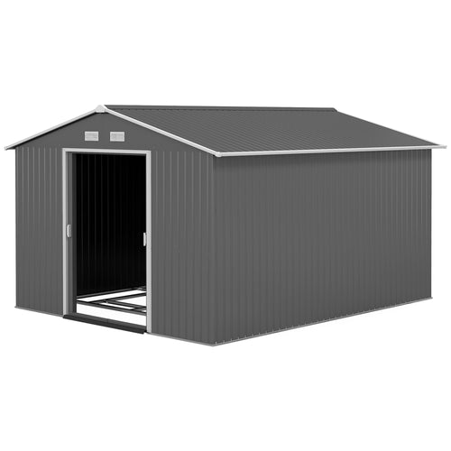 9' x 10.6' Garden Storage Shed w/ Foundation Kit Metal Tool Storage House w/ Double Doors Light Grey