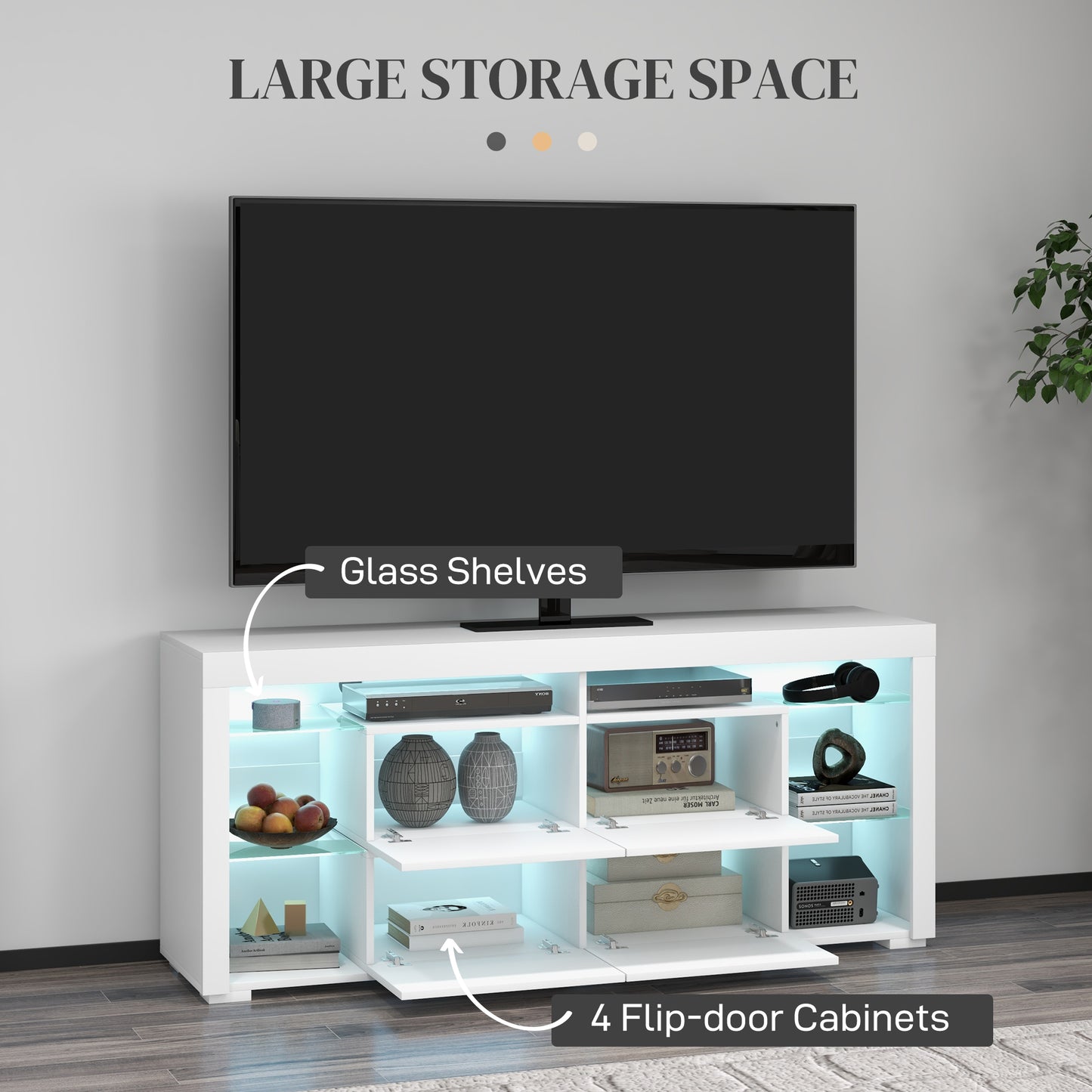 TV Stand with LED Lights for TVs up to 55", High Gloss TV Cabinet with Flip Doors and Glass Shelves, White TV Stands   at Gallery Canada