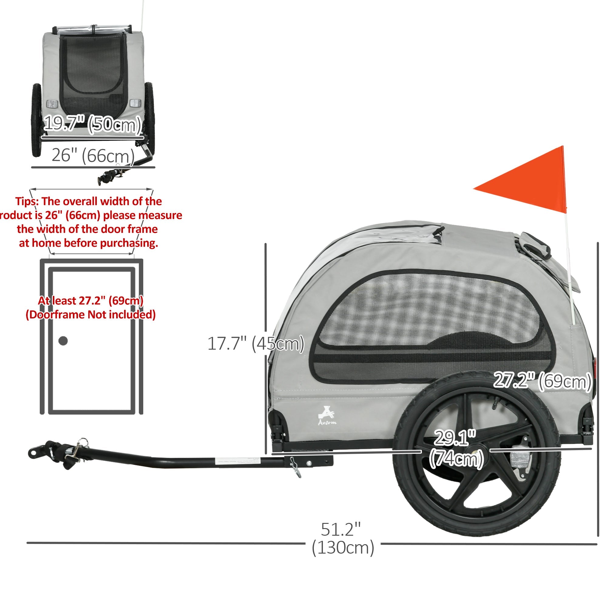 Dog Bike Trailer with Mesh Windows, Safety Leash, Safety Flag, Front/Rear Doors, for Medium Dogs Travel, Light Grey Dog Bike Trailers & Strollers   at Gallery Canada