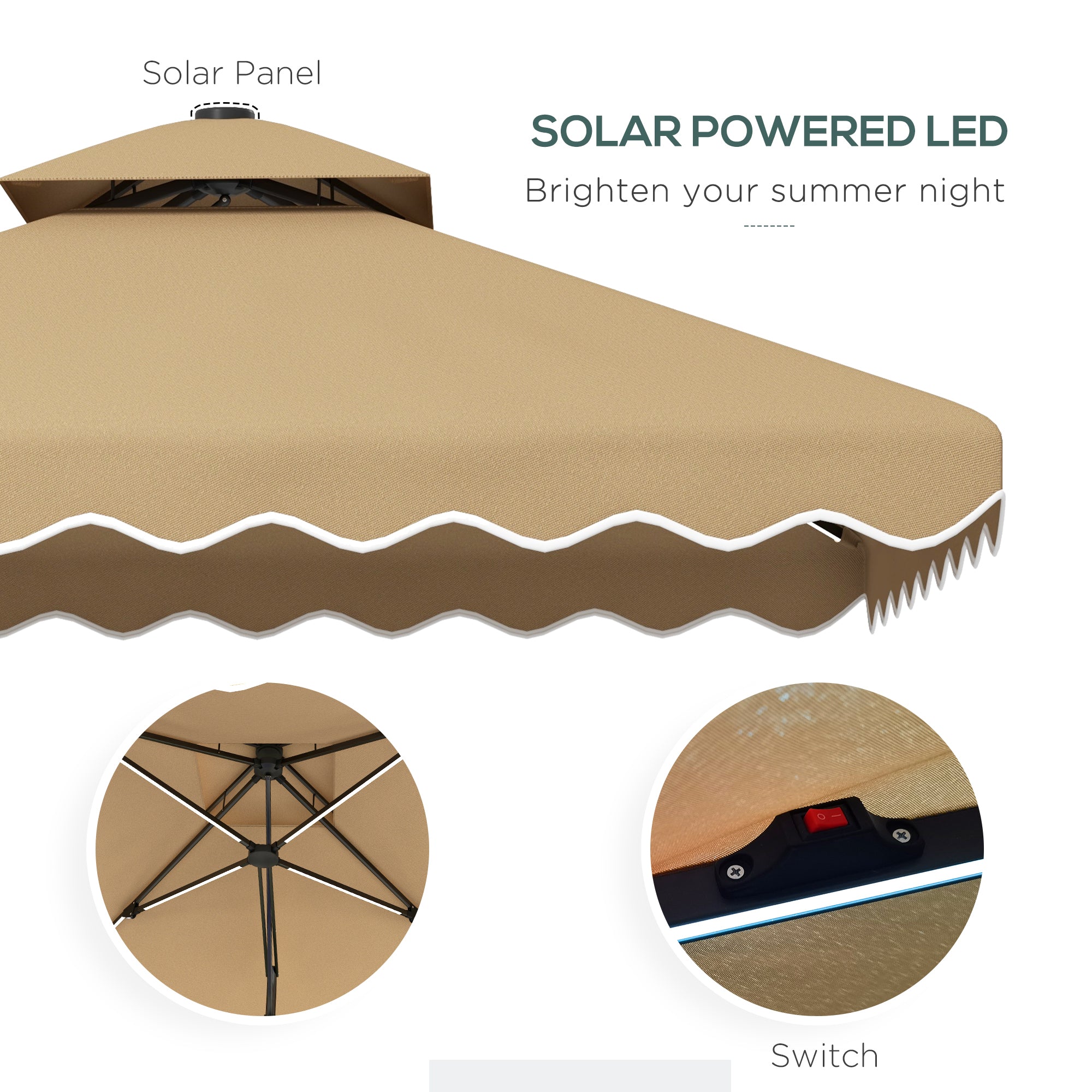 8' x 8' Square Double Top Offset Patio Umbrella Garden Parasol with Solar LED Lights, Ruffles and Weights, Khaki Cantilever Umbrellas   at Gallery Canada