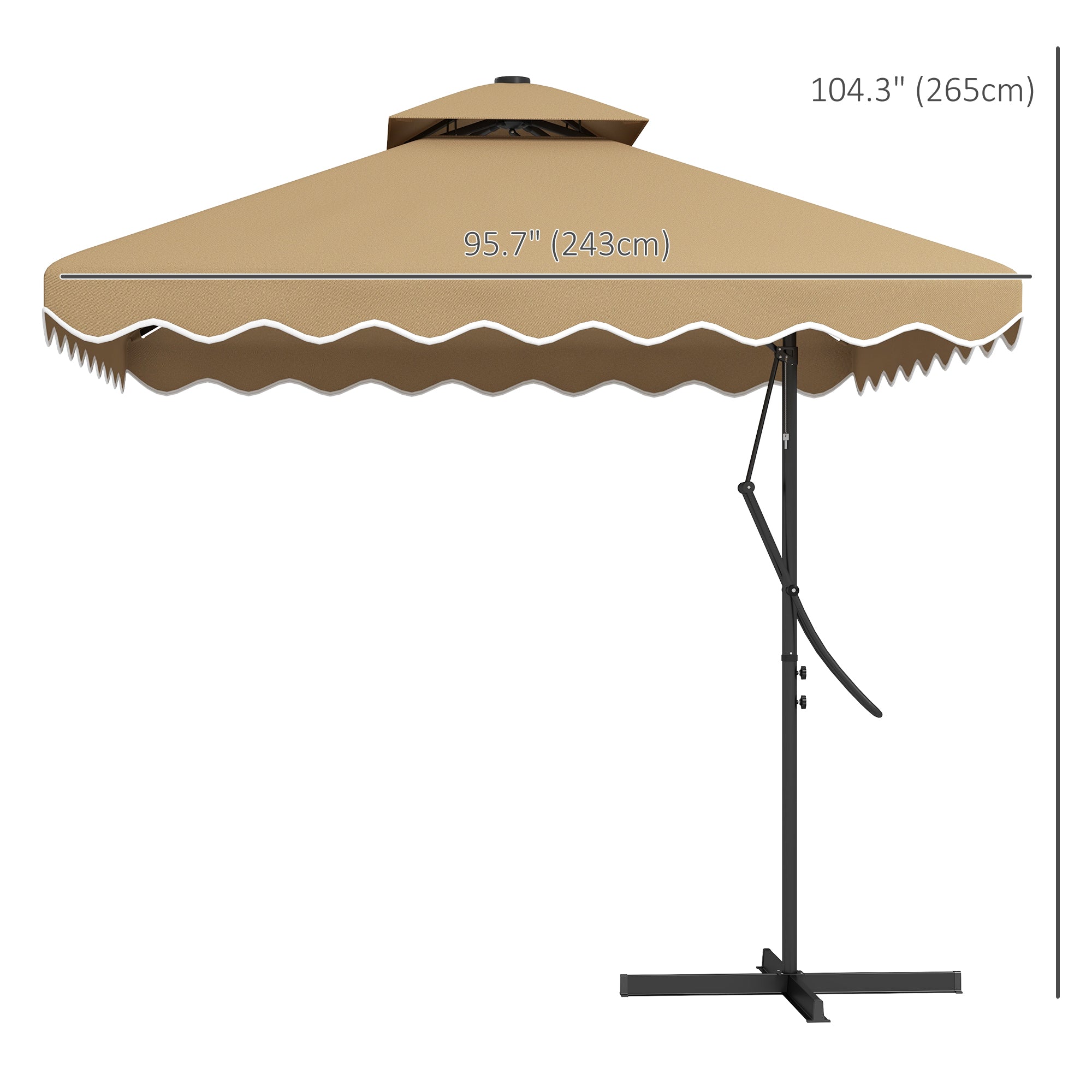 8' x 8' Square Double Top Offset Patio Umbrella Garden Parasol with Solar LED Lights, Ruffles and Weights, Khaki Cantilever Umbrellas   at Gallery Canada