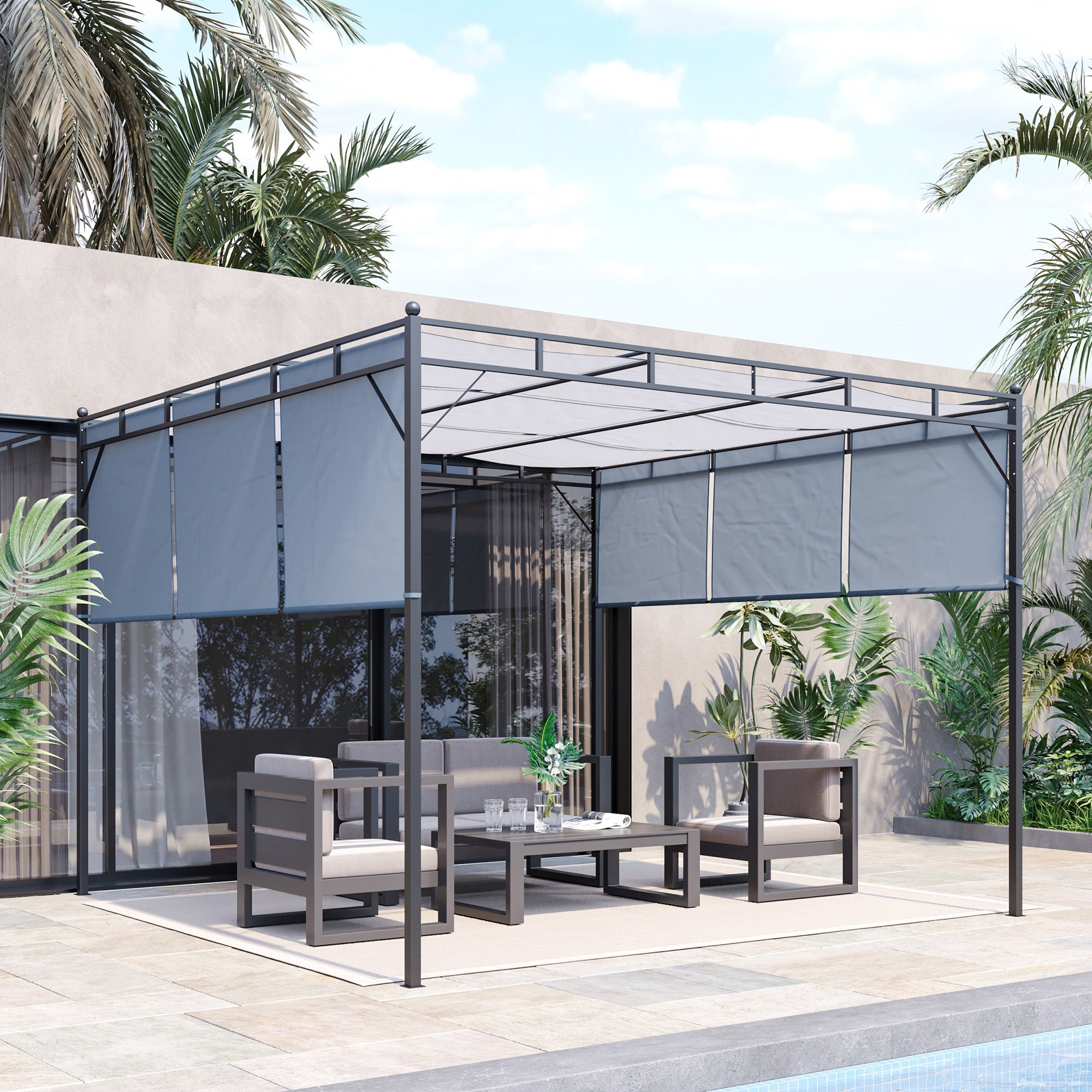10' x 10' Retractable Pergola Canopy, Patio Gazebo Sun Shelter with Steel Frame for Garden, Lawn, Backyard and Deck, Dark Grey Pergolas at Gallery Canada