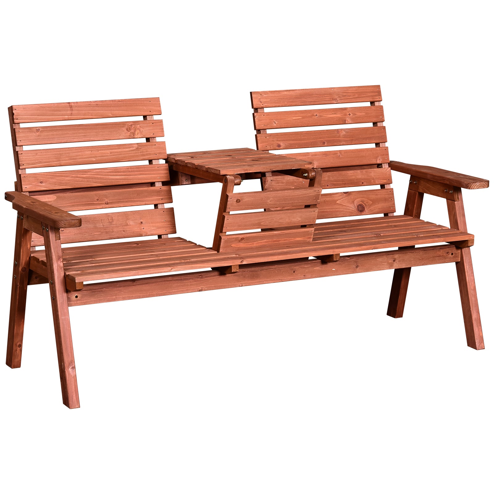 3-Seater Outdoor Bench with Convertible Middle Table, Garden Wooden Patio Loveseat with Middle Table for 2 Persons w/ Slatted Seat and Backrest, Armrests, Orange Outdoor Benches Orange at Gallery Canada