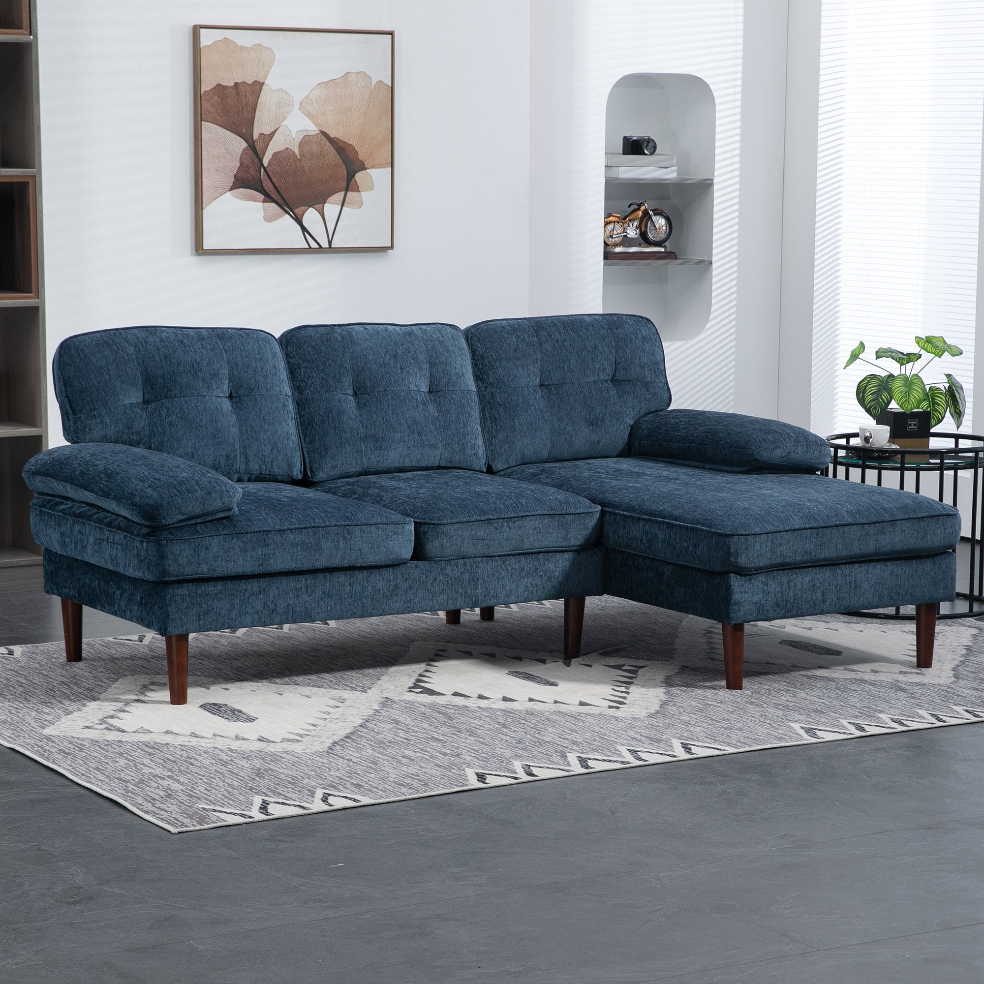 Modern Corner Couch with Right Chaise Lounge, Tufted 3-Seater Sofa with Wooden Legs for Living Room, Bedroom, Navy Blue 3-Seater Sofas at Gallery Canada