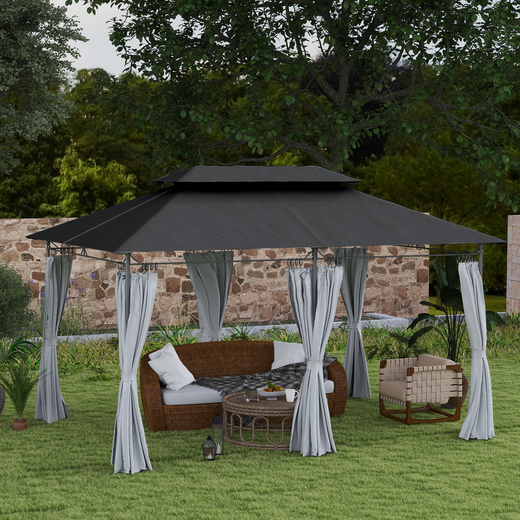 10' x 13' Double Roof Patio Gazebo, Outdoor Gazebo with Curtains, for Garden, Lawn, Backyard and Deck, Dark Grey Gazebos at Gallery Canada