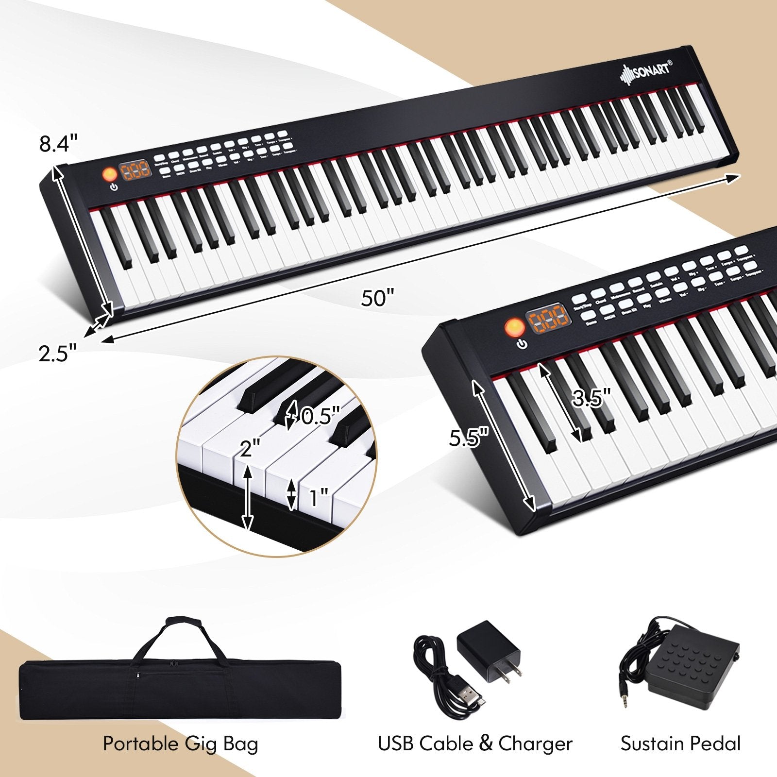 88-Key Portable Full-Size Semi-weighted Digital Piano Keyboard, Black - Gallery Canada