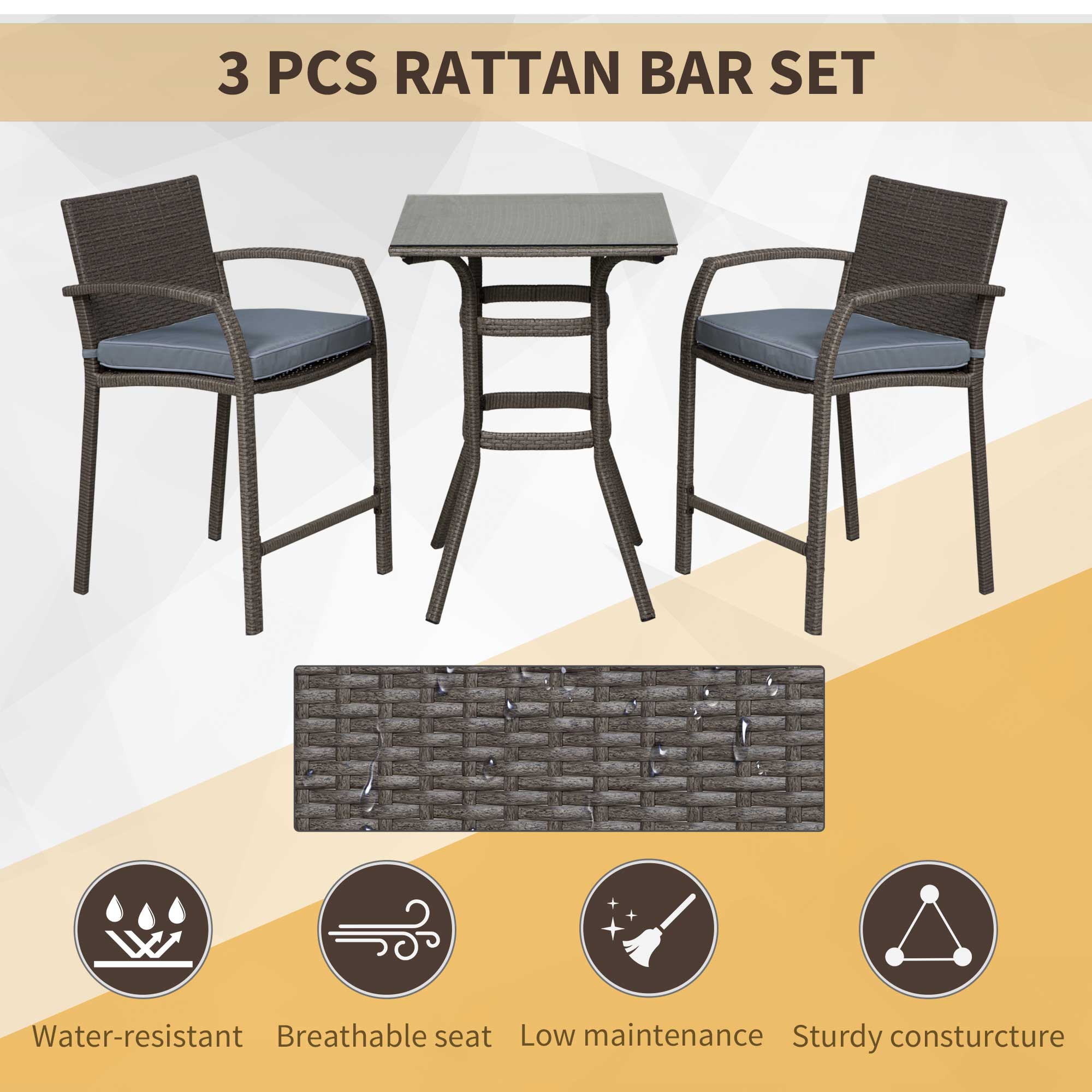 3 Pieces Patio Bar Set Wicker Garden Bistro Set Outdoor Furniture PE Rattan Table and Stools with Seat Cushion, Grey Bistro Sets at Gallery Canada