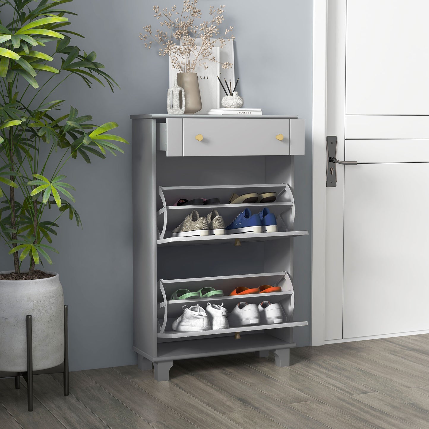 Slim Shoe Storage with 2 Flip Drawers and Adjustable Shelves Shoe Cabinet Organizer for 8 Pair, Grey Shoe Storage Cabinets & Racks   at Gallery Canada