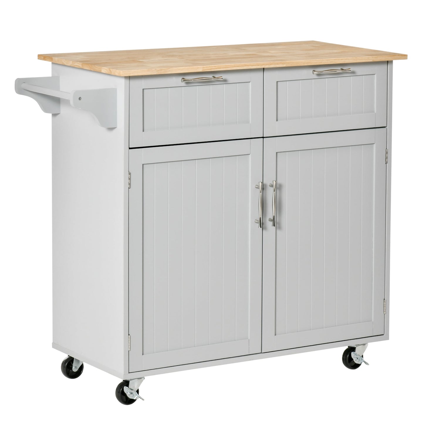 Rolling Kitchen Island with Storage Drawers, Modern Kitchen Cart with Rubber Wood Top, Cabinet &; Towel Rack, Grey Kitchen Islands & Kitchen Carts Grey  at Gallery Canada