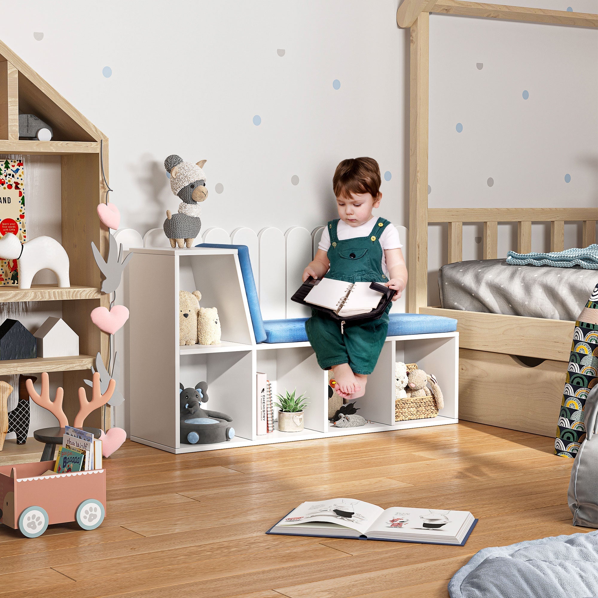 Multi-Purpose Bookshelf with 5 Cubes, 5-Cubby Kids Bookcase with Cushioned Reading Nook and Storage Shelves, Blue Small Bookshelves   at Gallery Canada