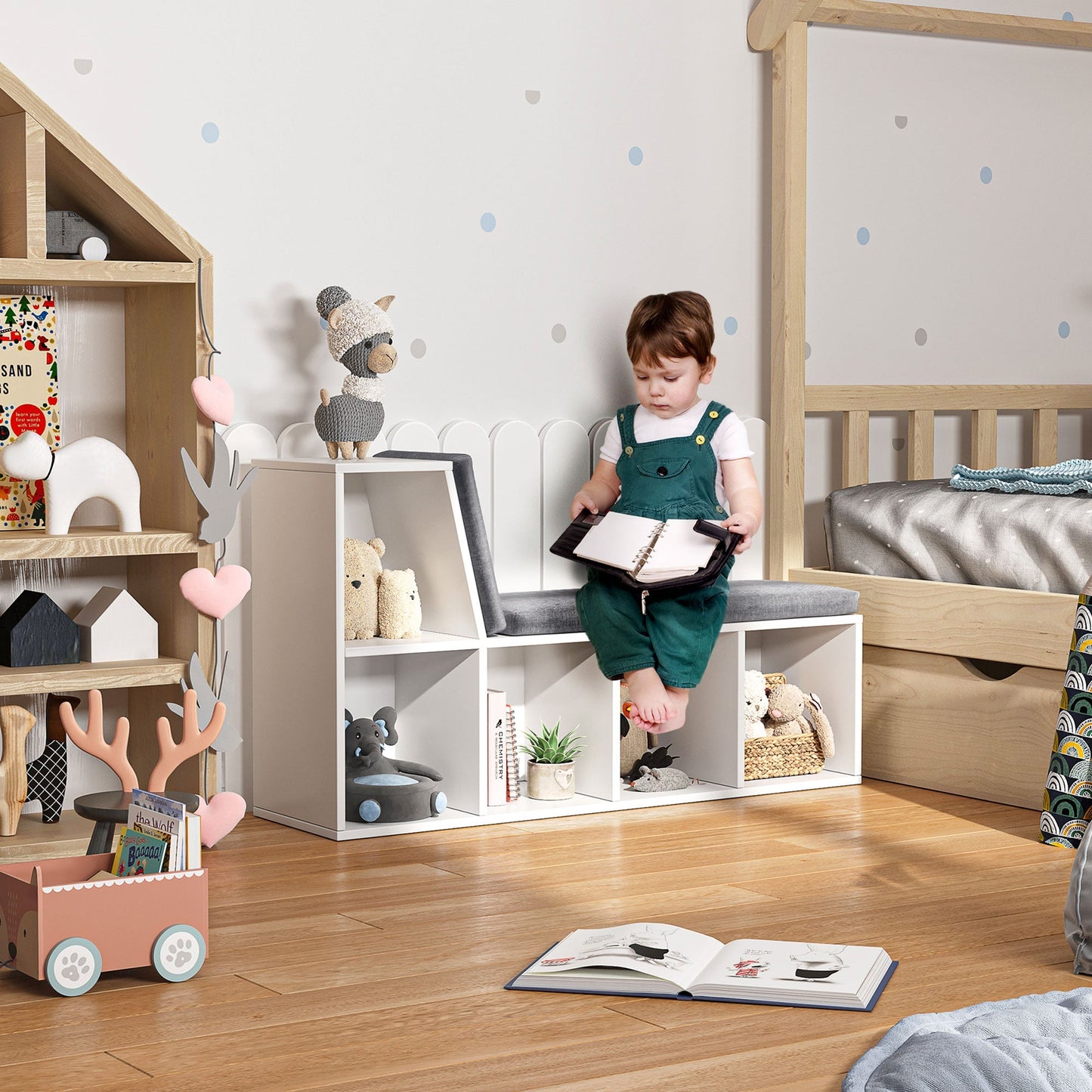 Multi-Purpose Bookshelf with 5 Cubes, 5-Cubby Kids Bookcase with Cushioned Reading Nook and Storage Shelves, Grey Small Bookshelves   at Gallery Canada