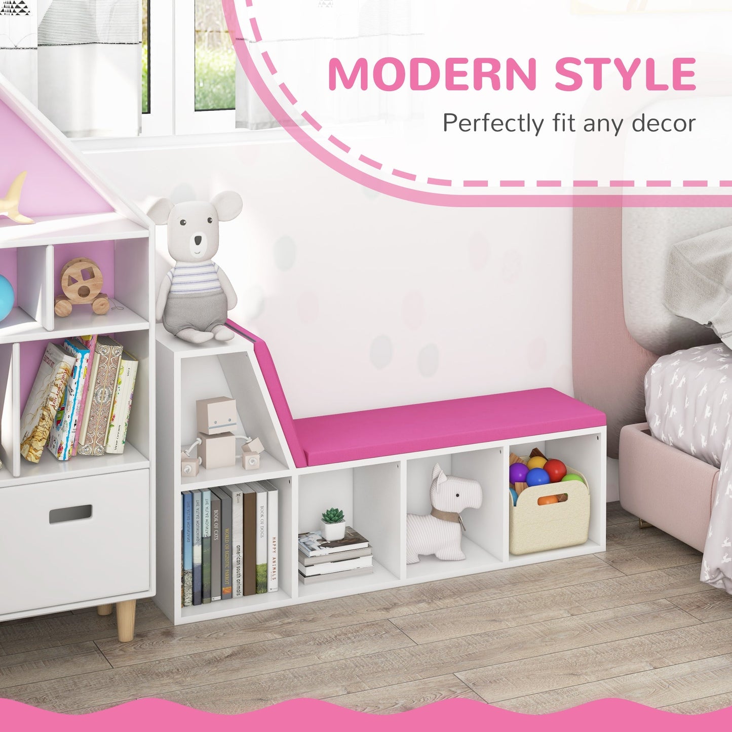 Multi-Purpose Bookshelf with 5 Cubes, 5-Cubby Kids Bookcase with Cushioned Reading Nook and Storage Shelves, Pink Bookshelves & Bookcases   at Gallery Canada