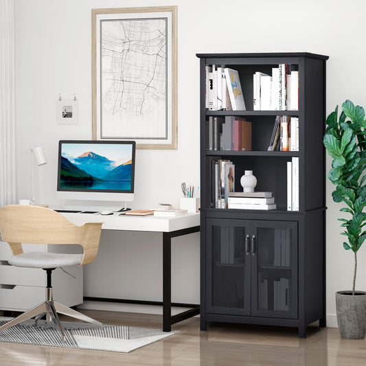 Multifunctional Bookcase with Double Glass Doors Cupboards, Bookshelf with 3-Tier Open Shelf and Adjustable Shelves, Black - Gallery Canada