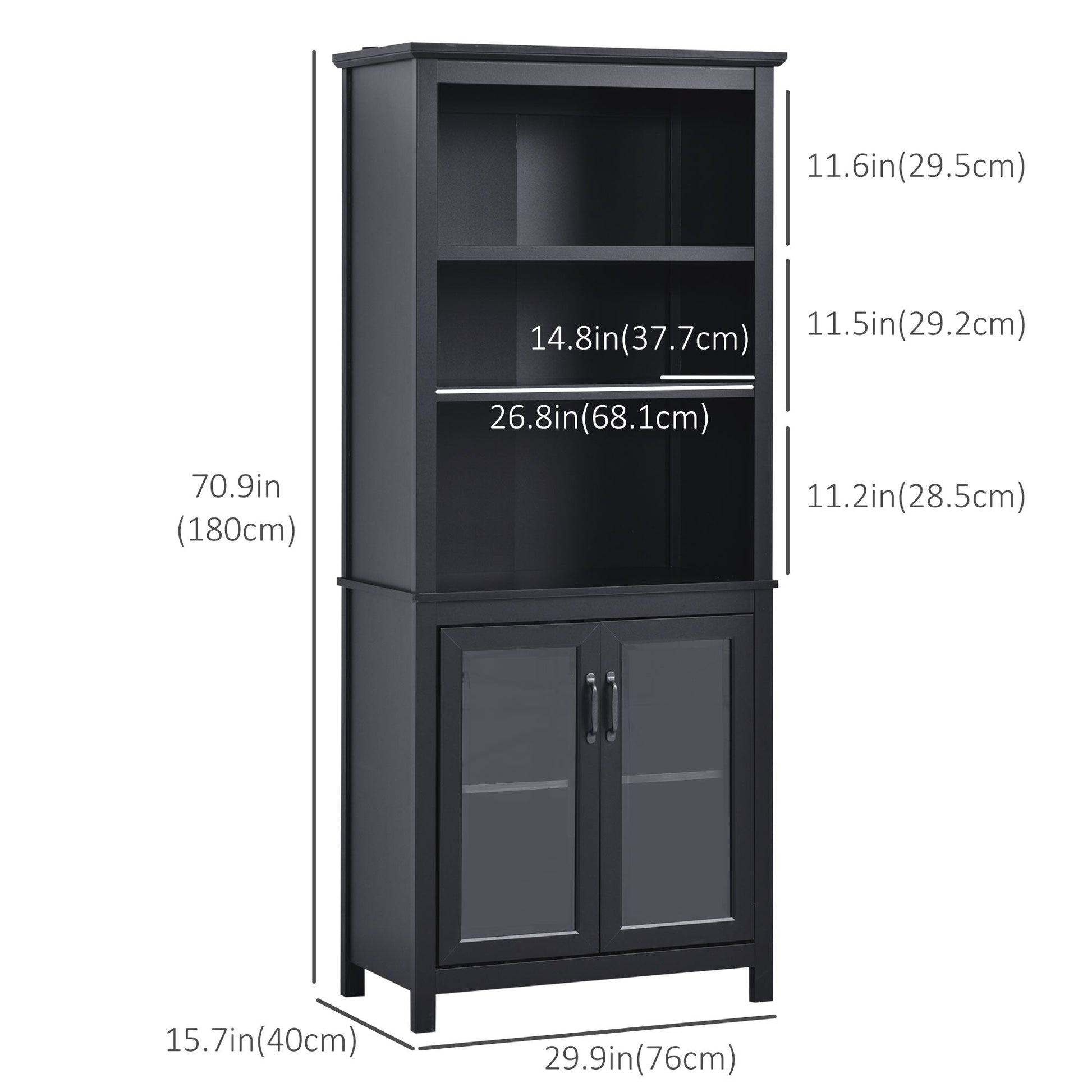 Multifunctional Bookcase with Double Glass Doors Cupboards, Bookshelf with 3-Tier Open Shelf and Adjustable Shelves, Black White Bookshelves   at Gallery Canada