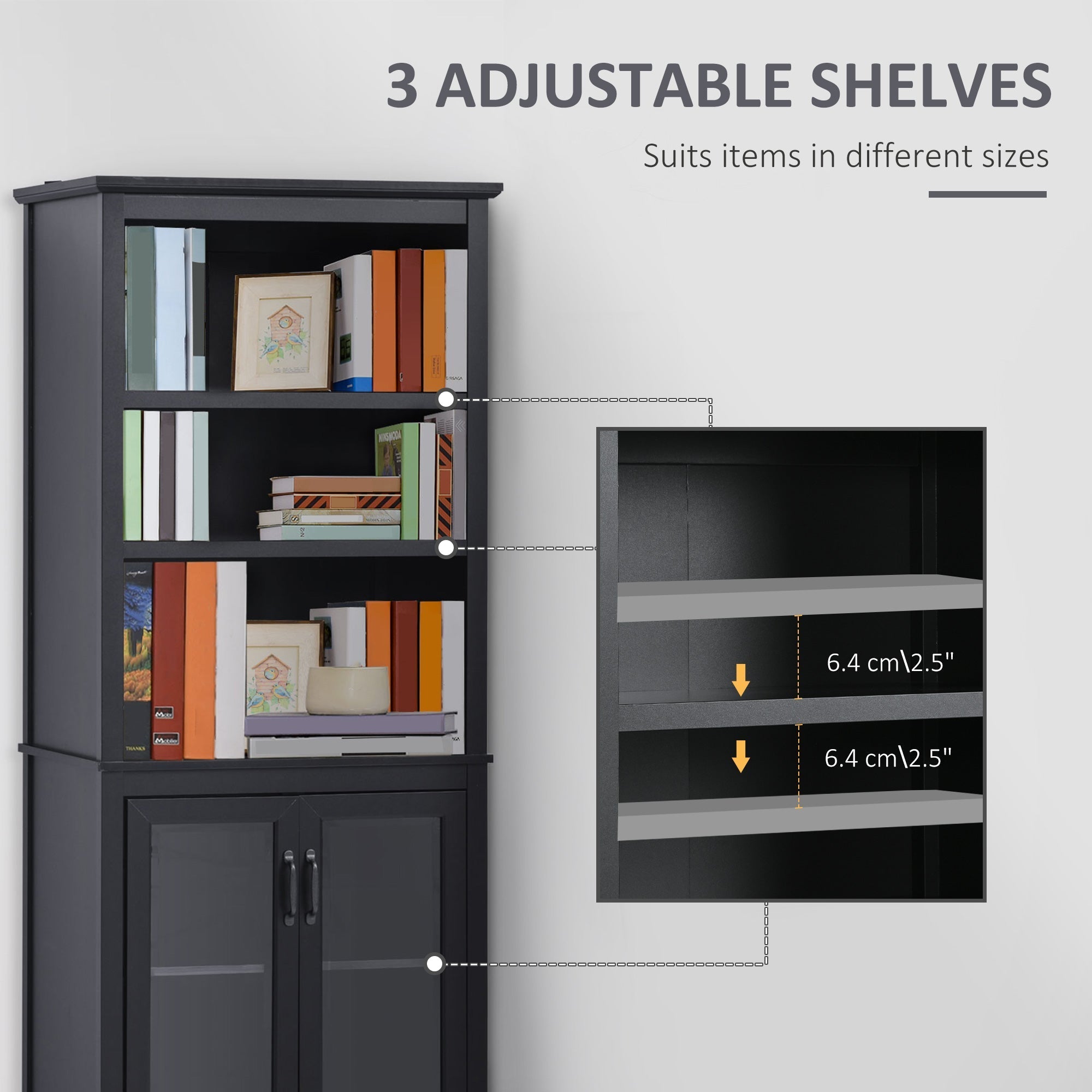 Multifunctional Bookcase with Double Glass Doors Cupboards, Bookshelf with 3-Tier Open Shelf and Adjustable Shelves, Black White Bookshelves   at Gallery Canada