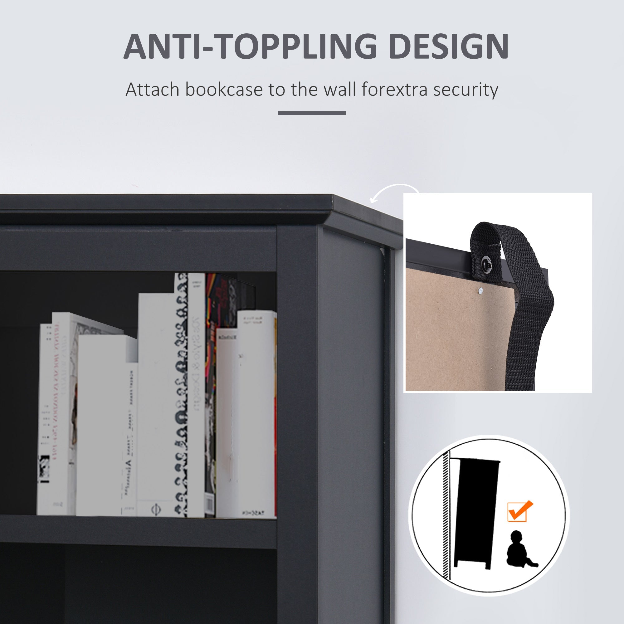 Multifunctional Bookcase with Double Glass Doors Cupboards, Bookshelf with 3-Tier Open Shelf and Adjustable Shelves, Black White Bookshelves   at Gallery Canada