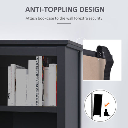 Multifunctional Bookcase with Double Glass Doors Cupboards, Bookshelf with 3-Tier Open Shelf and Adjustable Shelves, Black White Bookshelves   at Gallery Canada